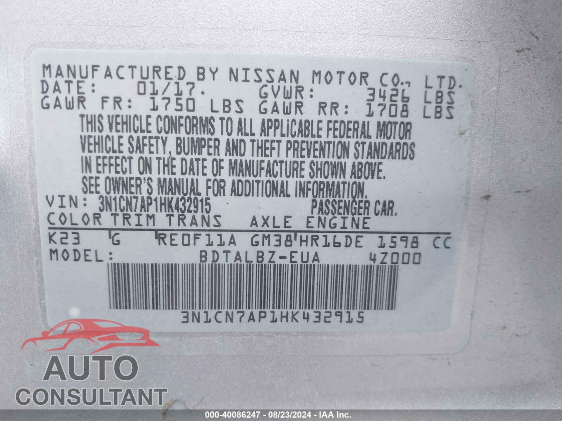 NISSAN VERSA 2017 - 3N1CN7AP1HK432915