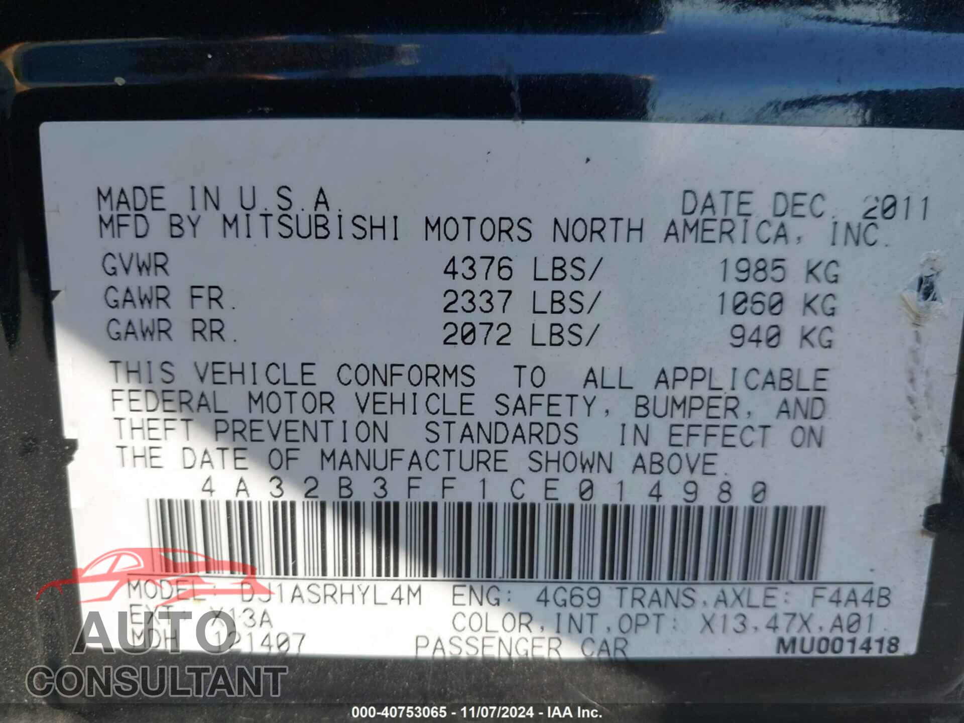 MITSUBISHI GALANT 2012 - 4A32B3FF1CE014980