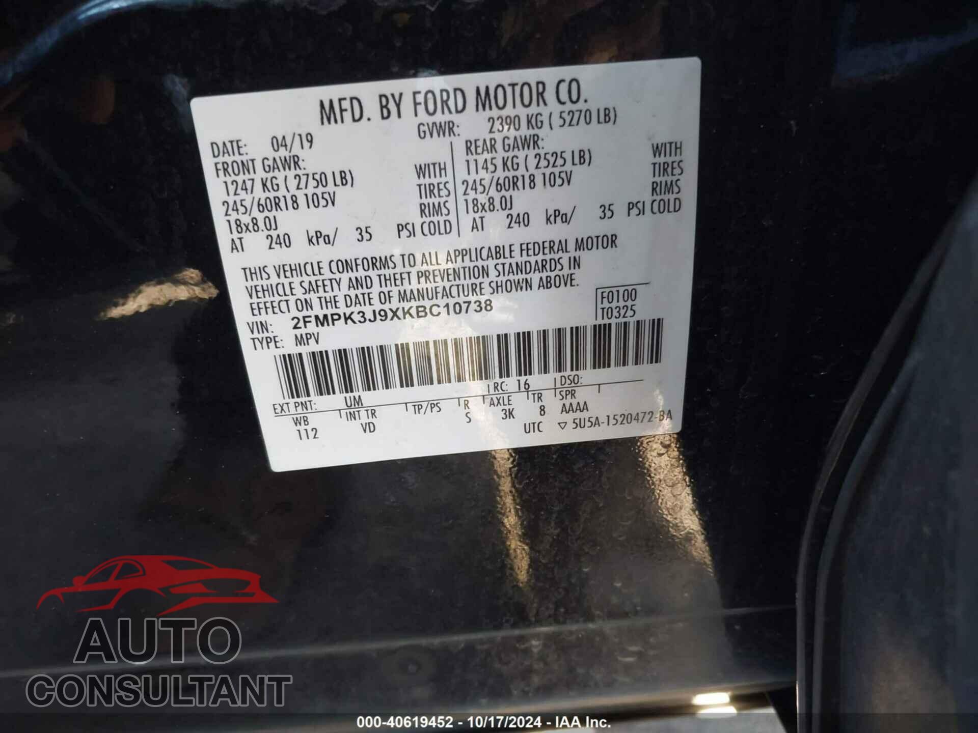 FORD EDGE 2019 - 2FMPK3J9XKBC10738