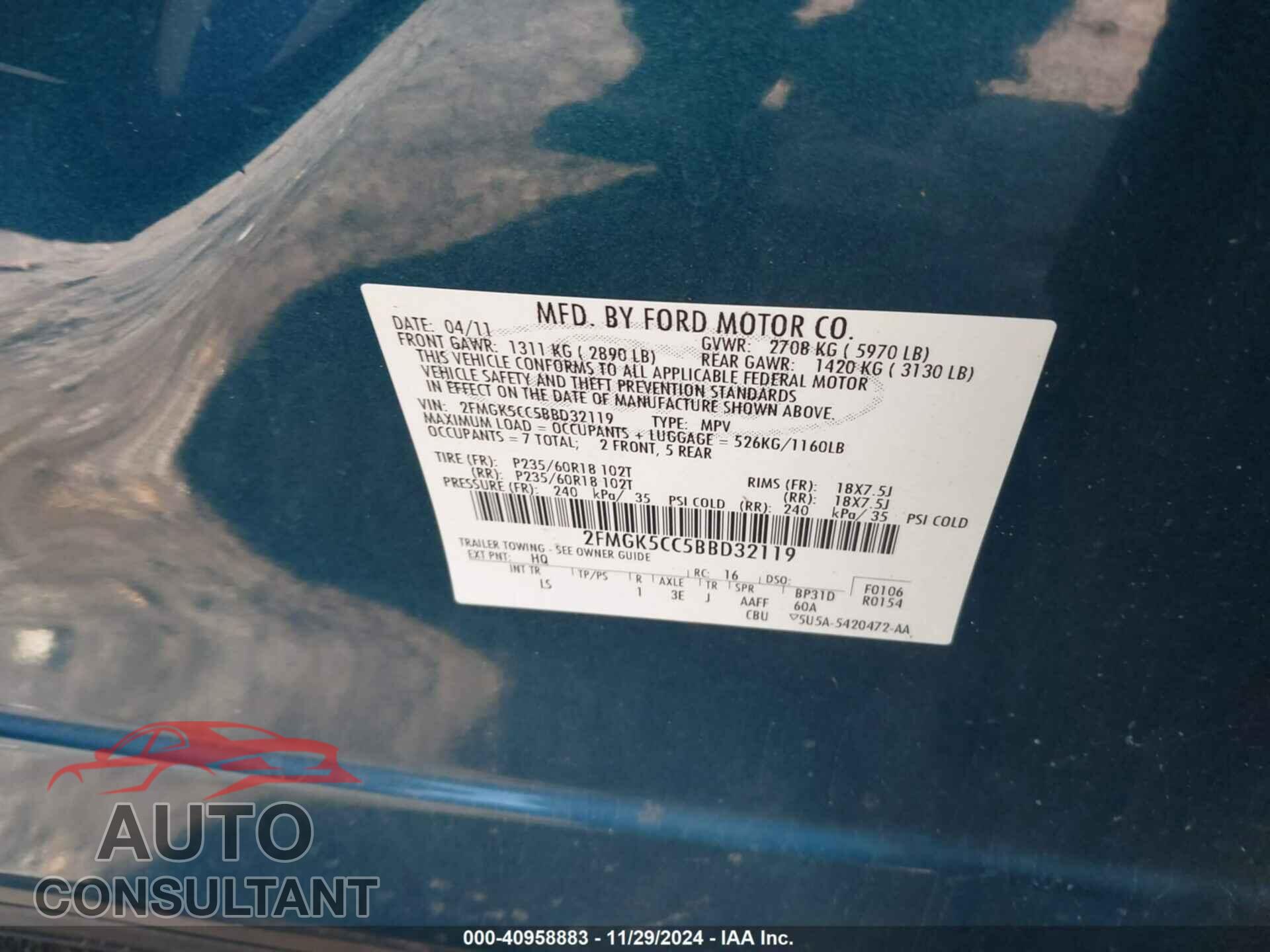 FORD FLEX 2011 - 2FMGK5CC5BBD32119
