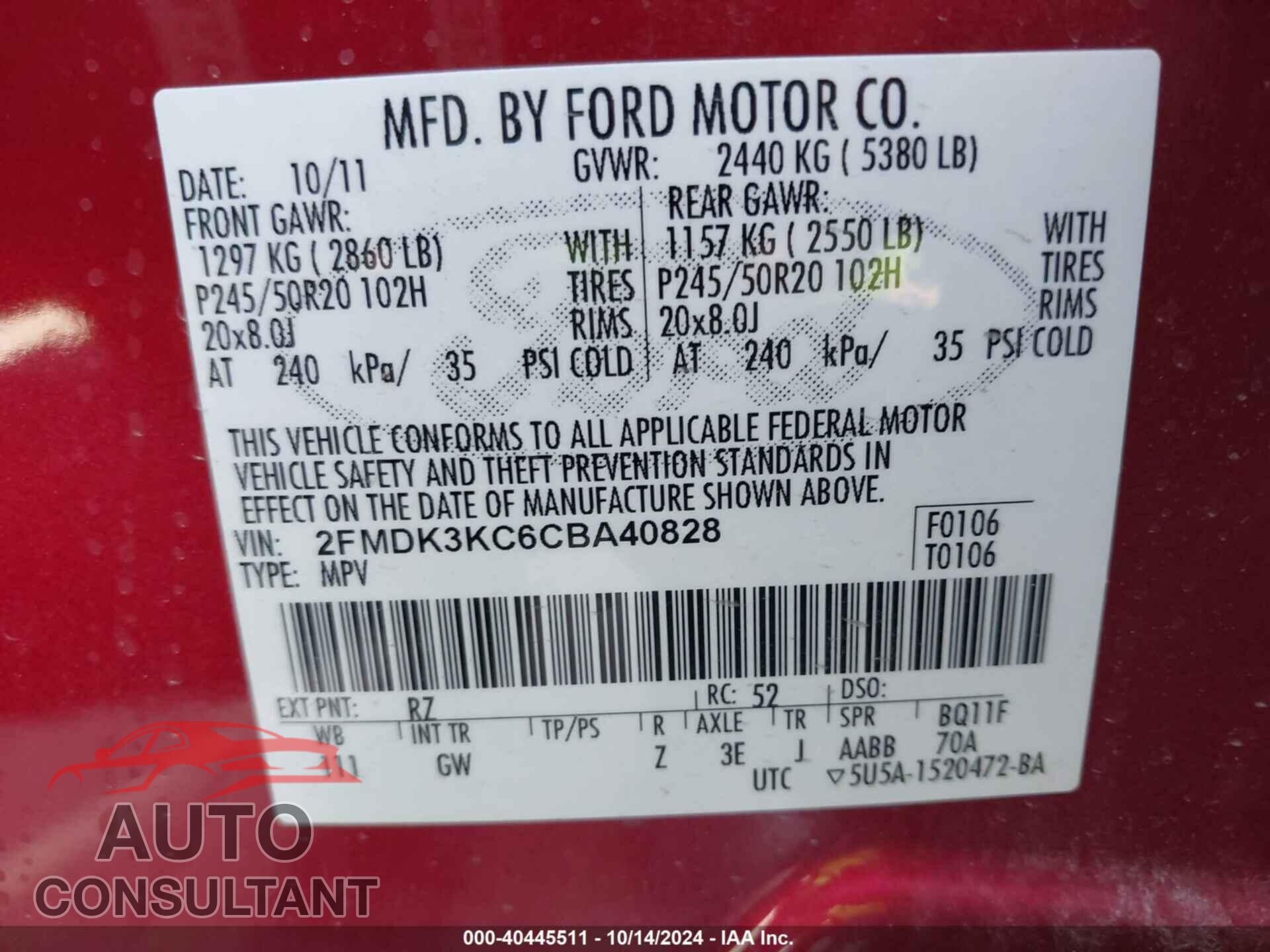 FORD EDGE 2012 - 2FMDK3KC6CBA40828