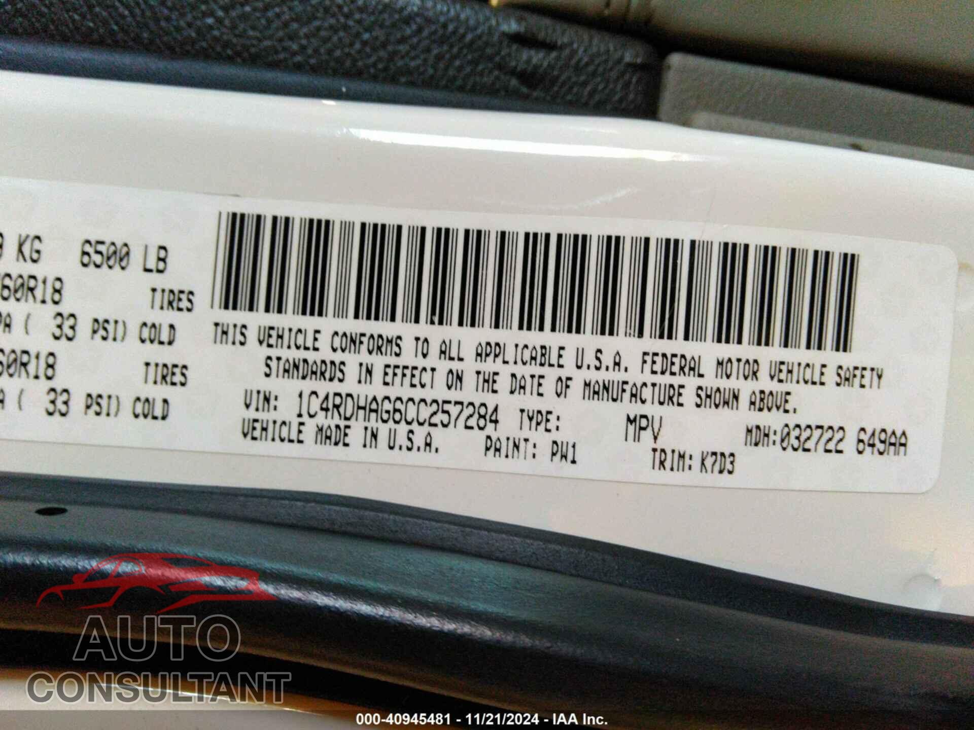 DODGE DURANGO 2012 - 1C4RDHAG6CC257284