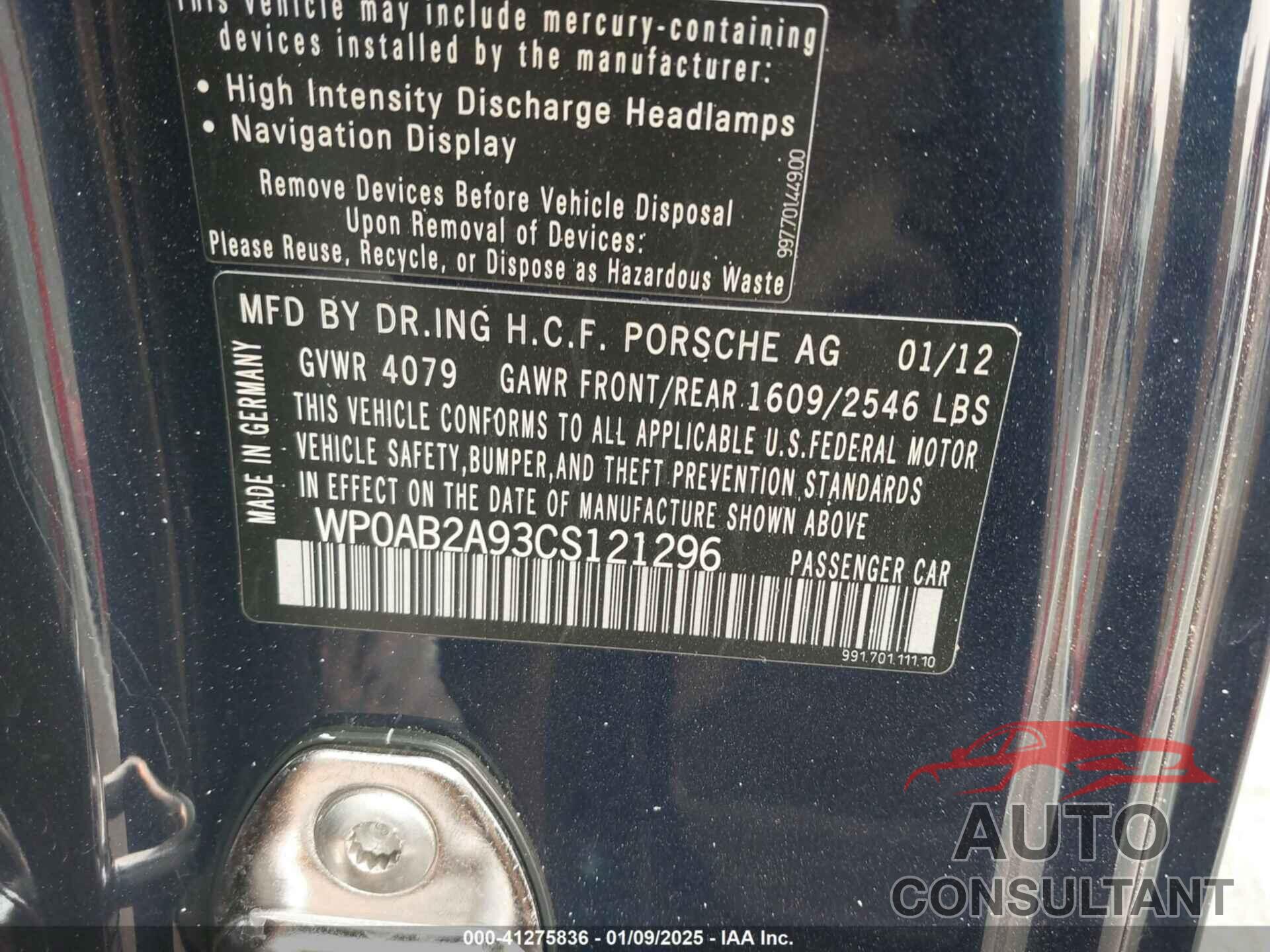PORSCHE 911 2012 - WP0AB2A93CS121296