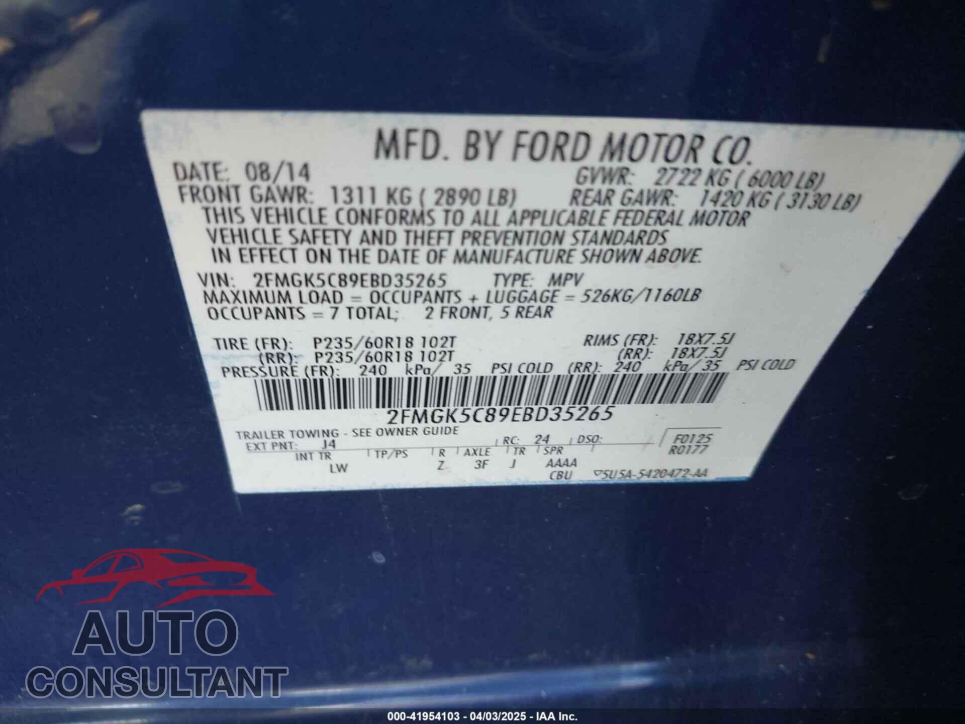 FORD FLEX 2014 - 2FMGK5C89EBD35265