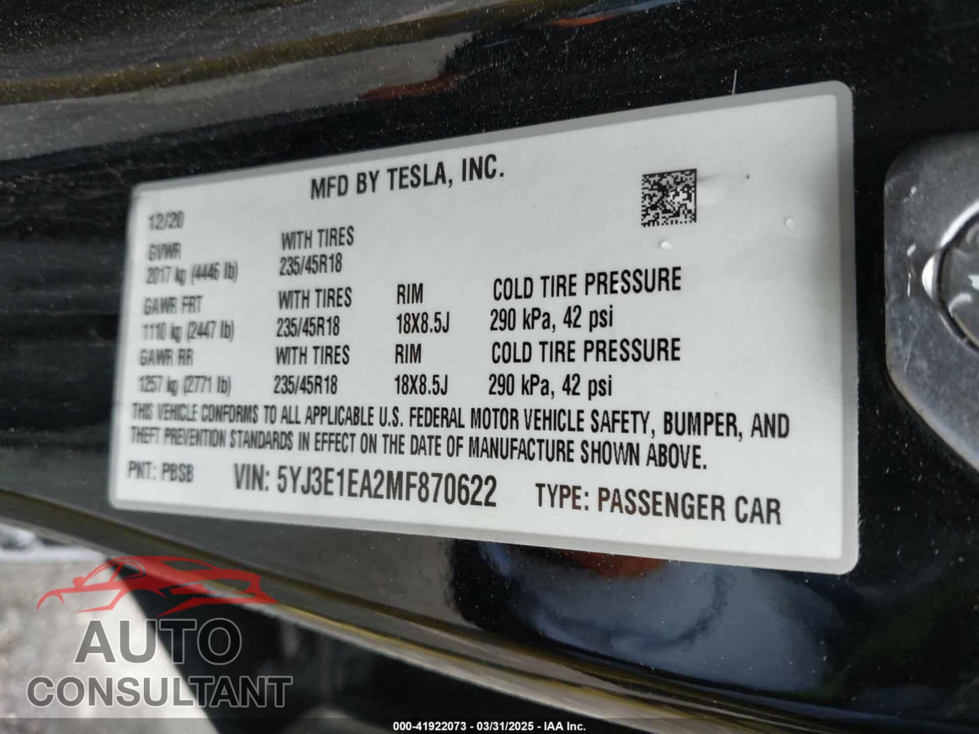 TESLA MODEL 3 2021 - 5YJ3E1EA2MF870622