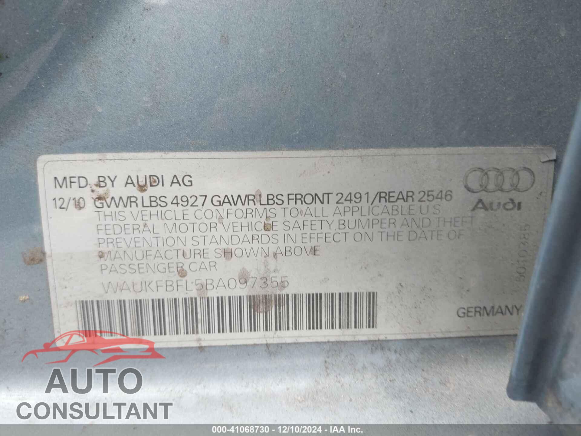 AUDI A4 2011 - WAUKFBFL5BA097355