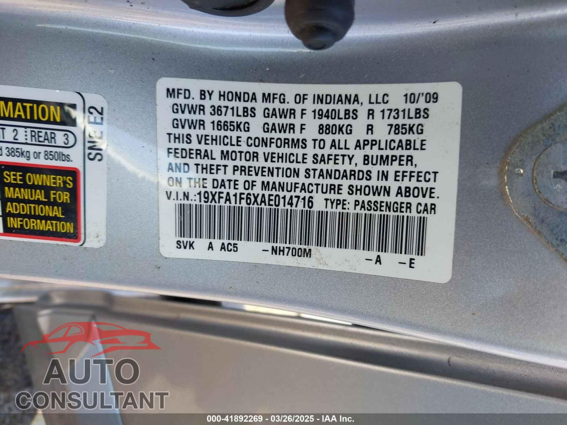 HONDA CIVIC 2010 - 19XFA1F6XAE014716