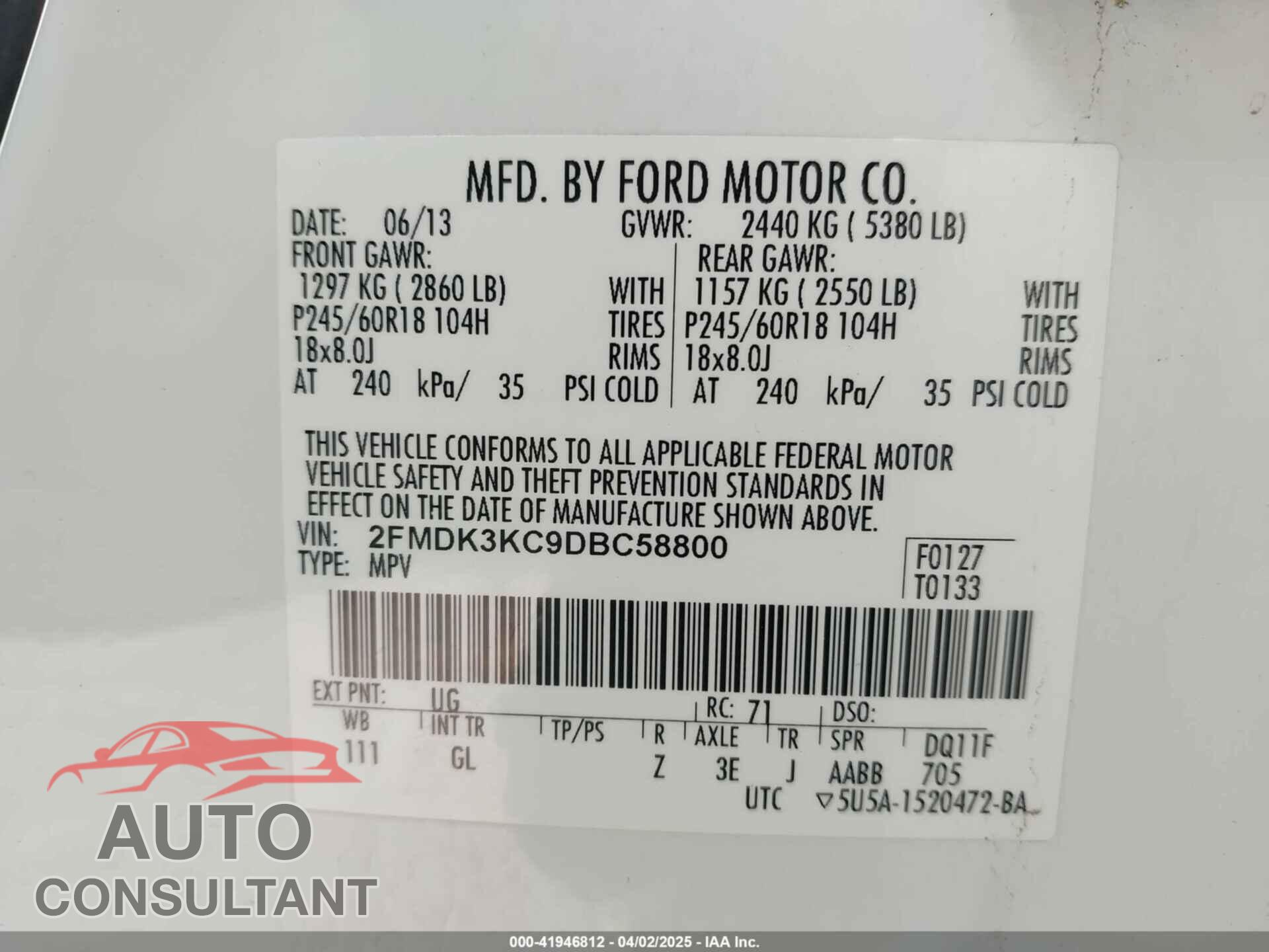 FORD EDGE 2013 - 2FMDK3KC9DBC58800