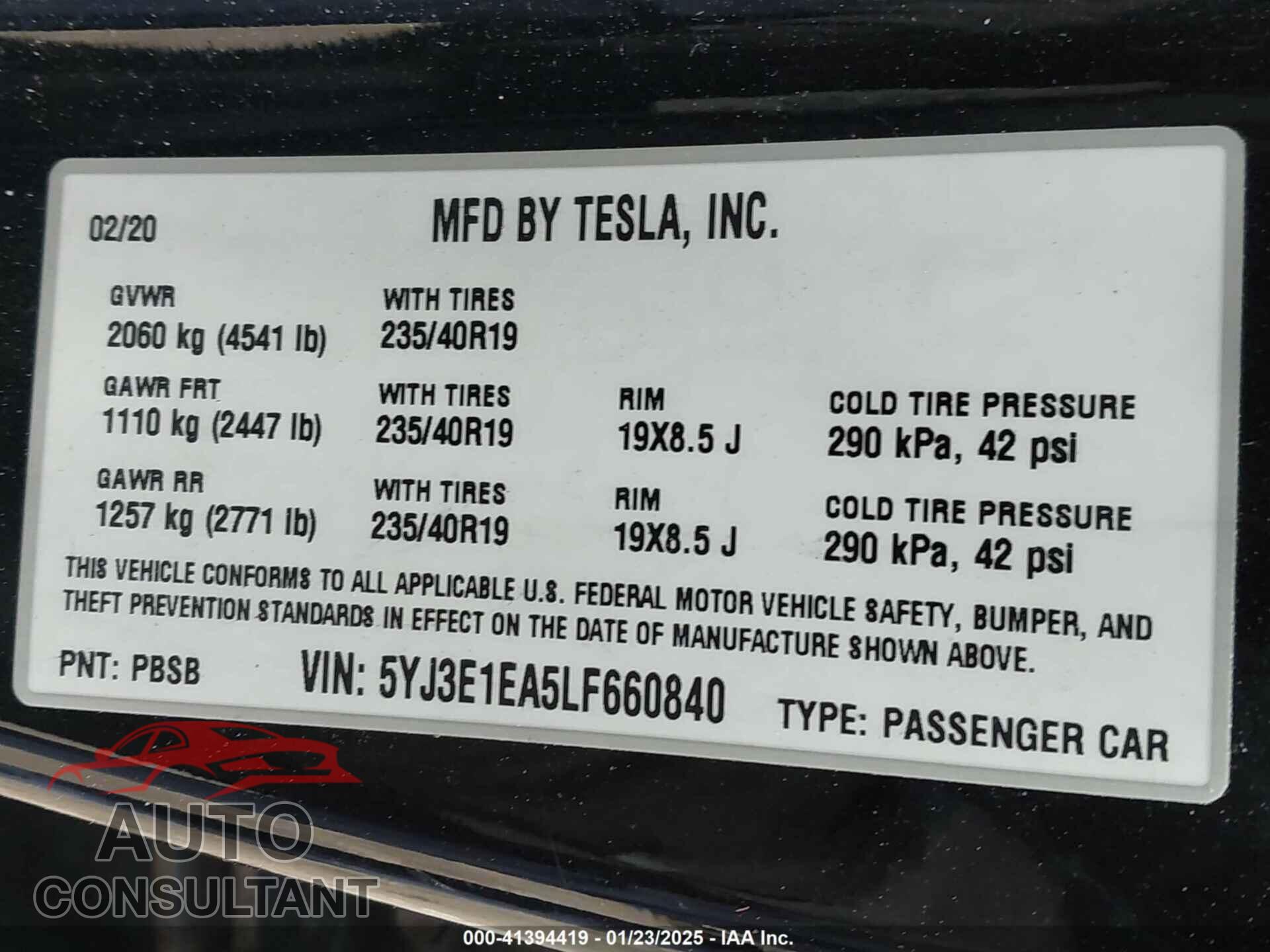 TESLA MODEL 3 2020 - 5YJ3E1EA5LF660840