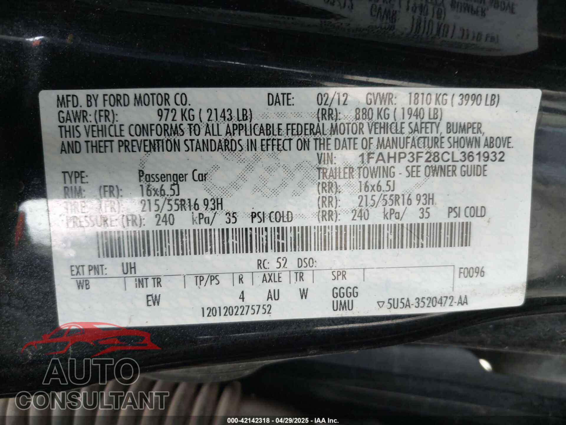 FORD FOCUS 2012 - 1FAHP3F28CL361932