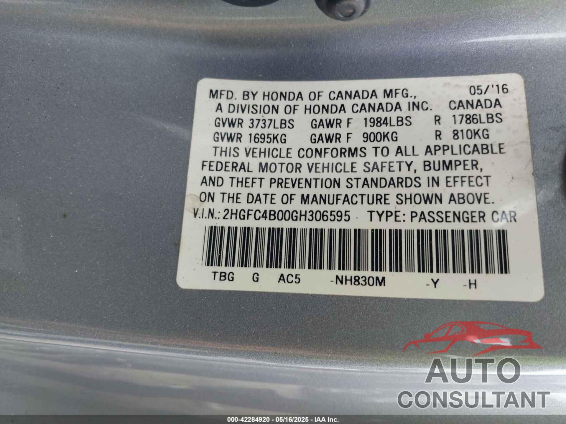 HONDA CIVIC 2016 - 2HGFC4B00GH306595