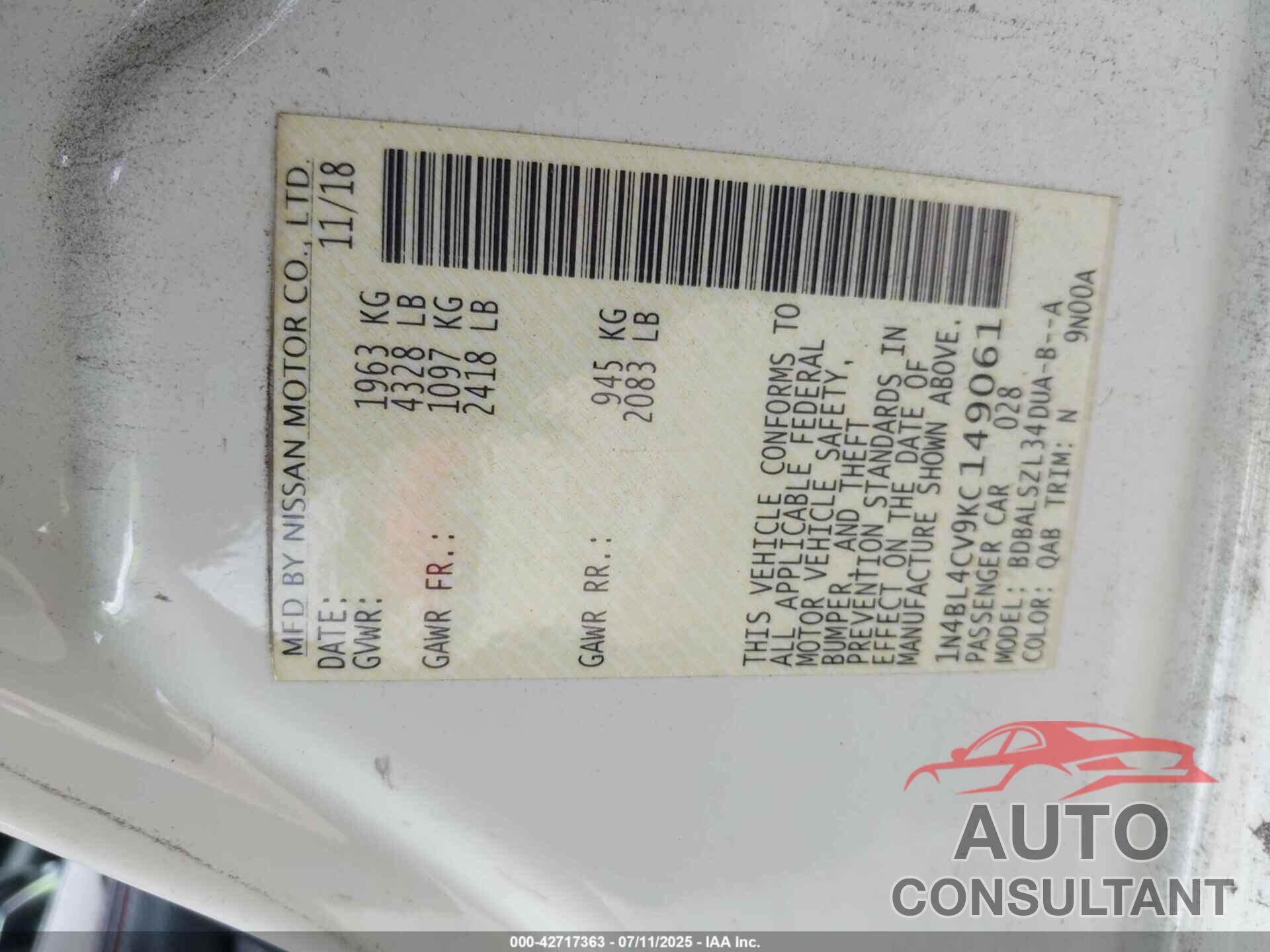 NISSAN ALTIMA 2019 - 1N4BL4CV9KC149061