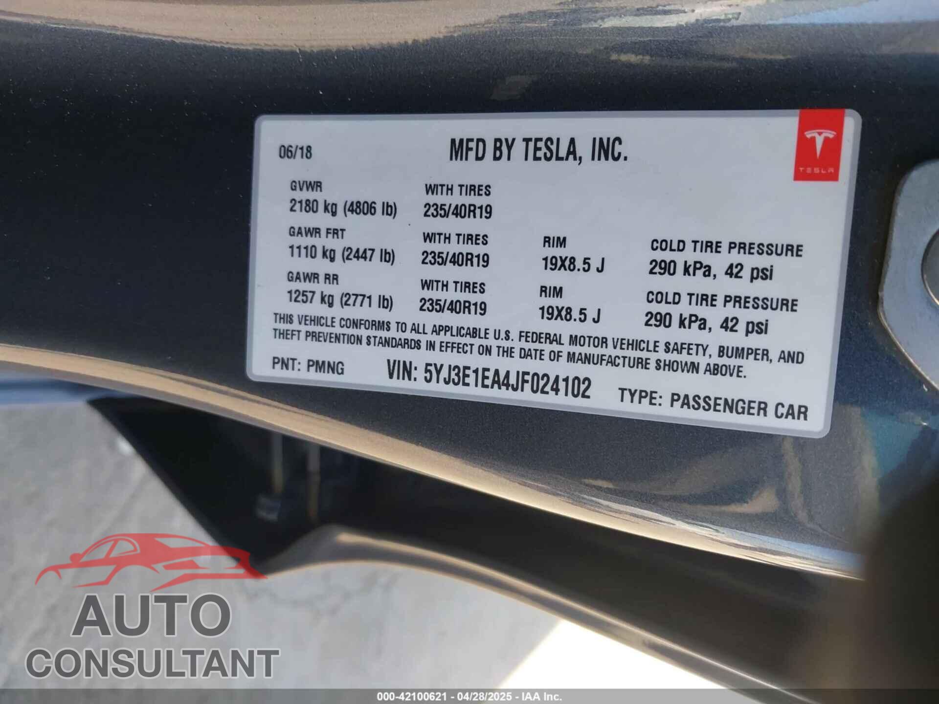 TESLA MODEL 3 2018 - 5YJ3E1EA4JF024102