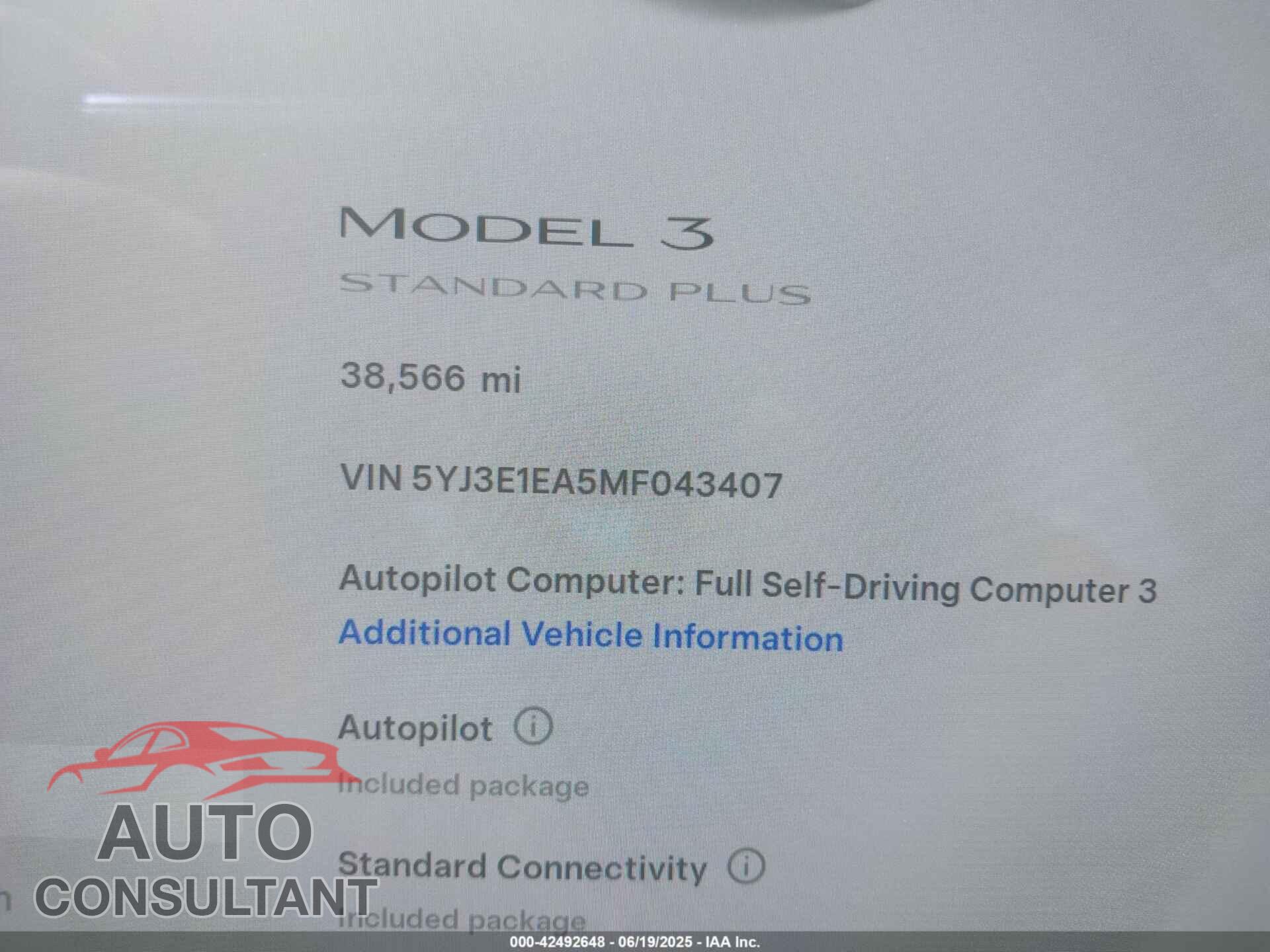 TESLA MODEL 3 2021 - 5YJ3E1EA5MF043407