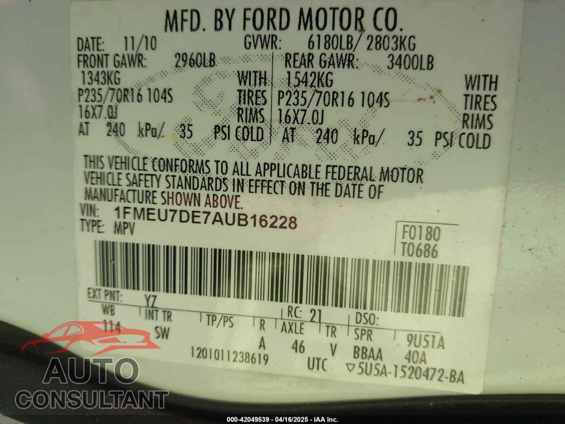 FORD EXPLORER 2010 - 1FMEU7DE7AUB16228