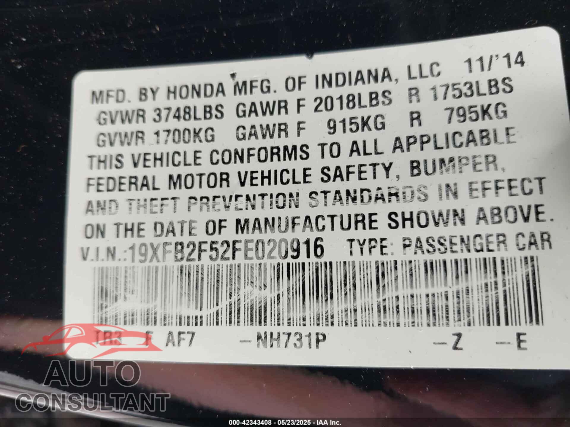 HONDA CIVIC 2015 - 19XFB2F52FE020916