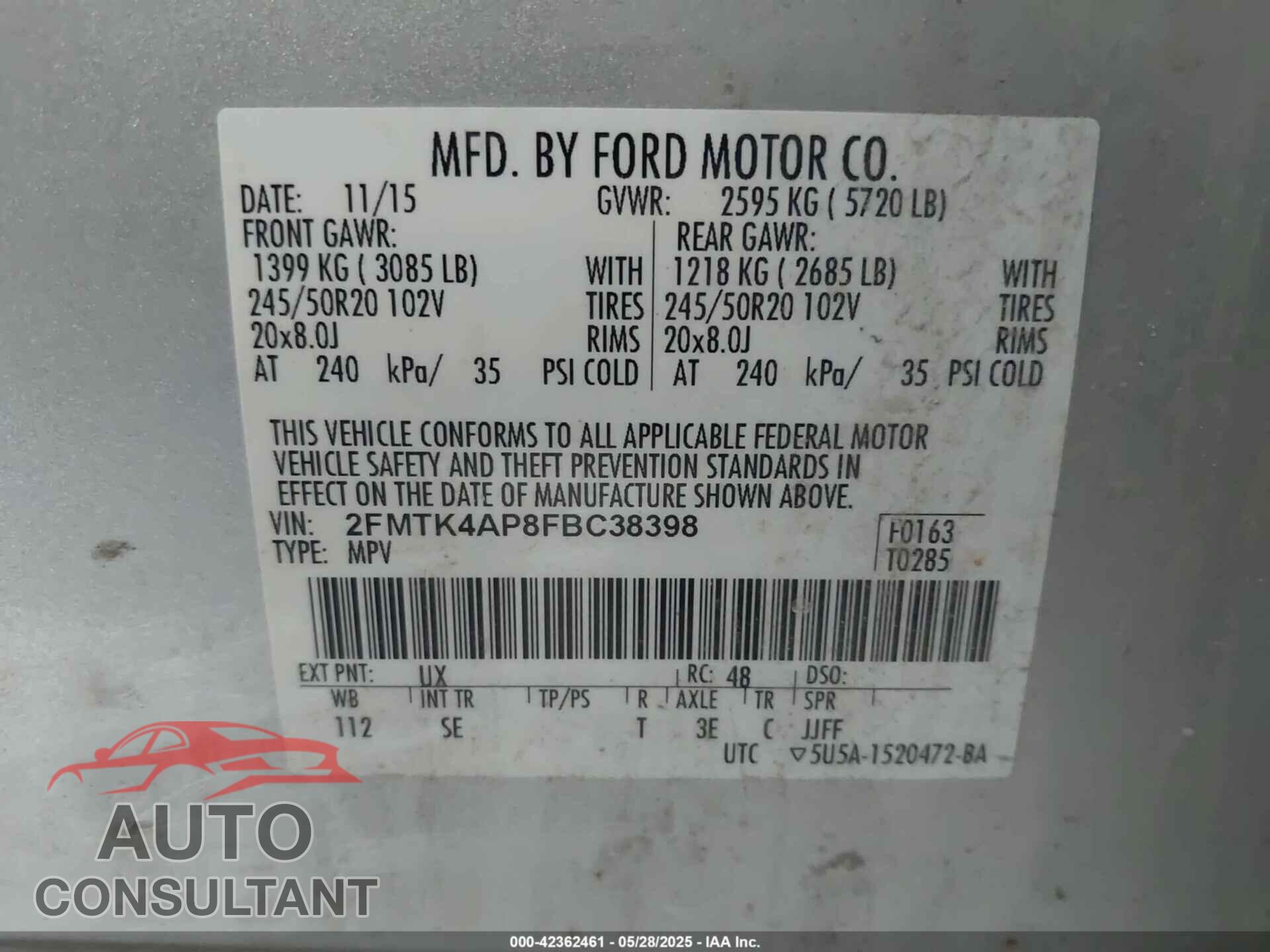 FORD EDGE 2015 - 2FMTK4AP8FBC38398