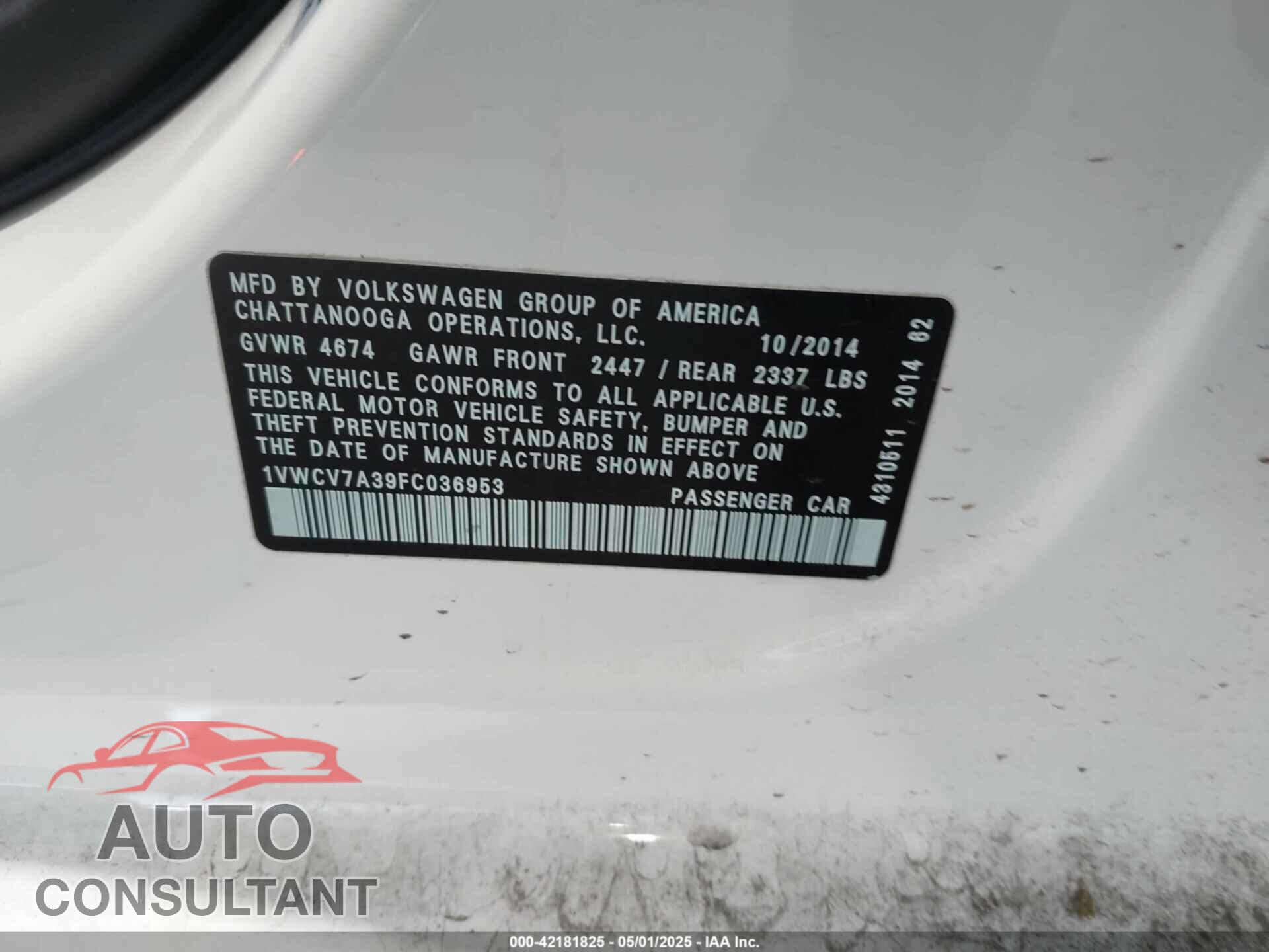 VOLKSWAGEN PASSAT 2015 - 1VWCV7A39FC036953