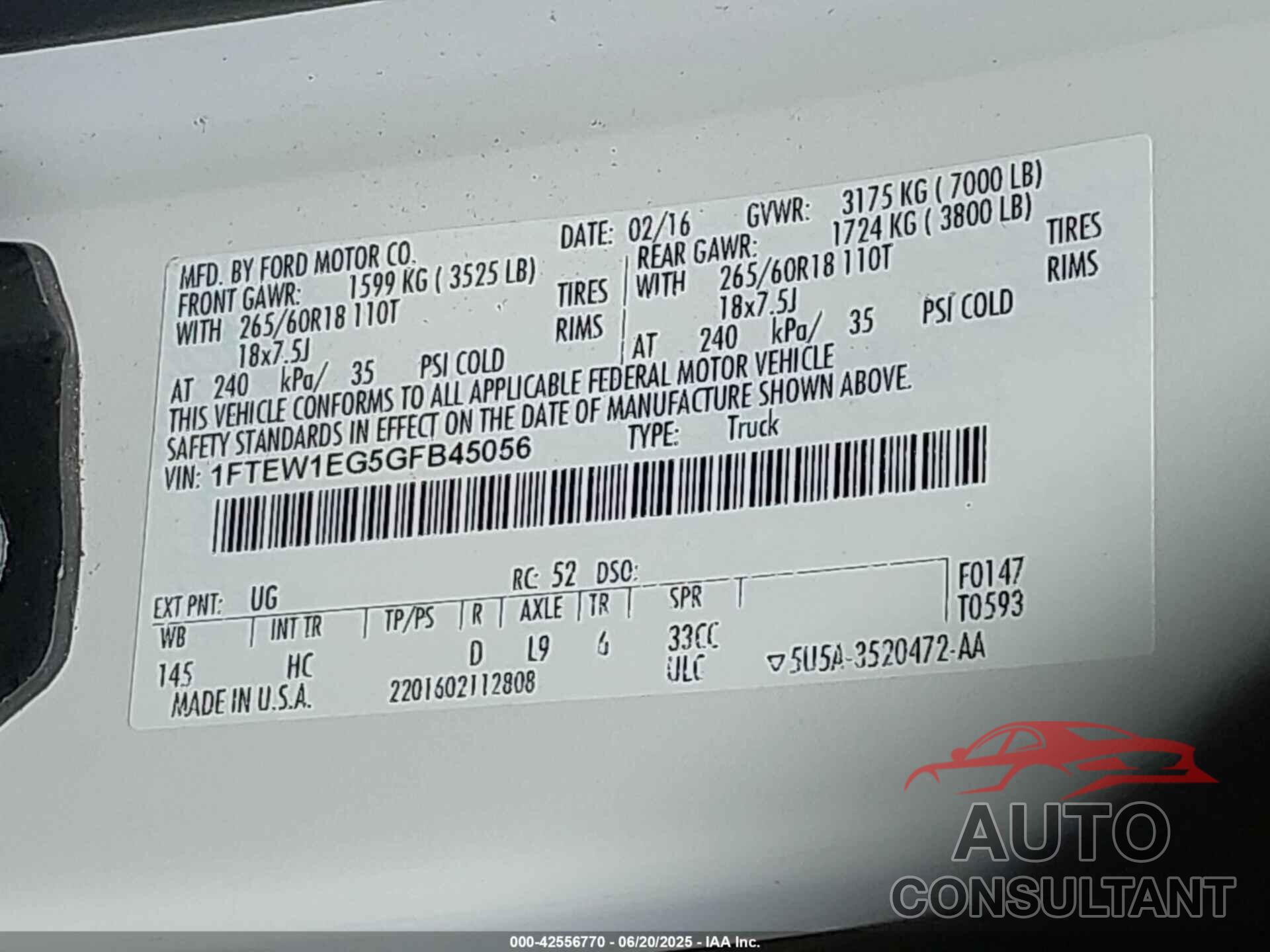 FORD F-150 2016 - 1FTEW1EG5GFB45056