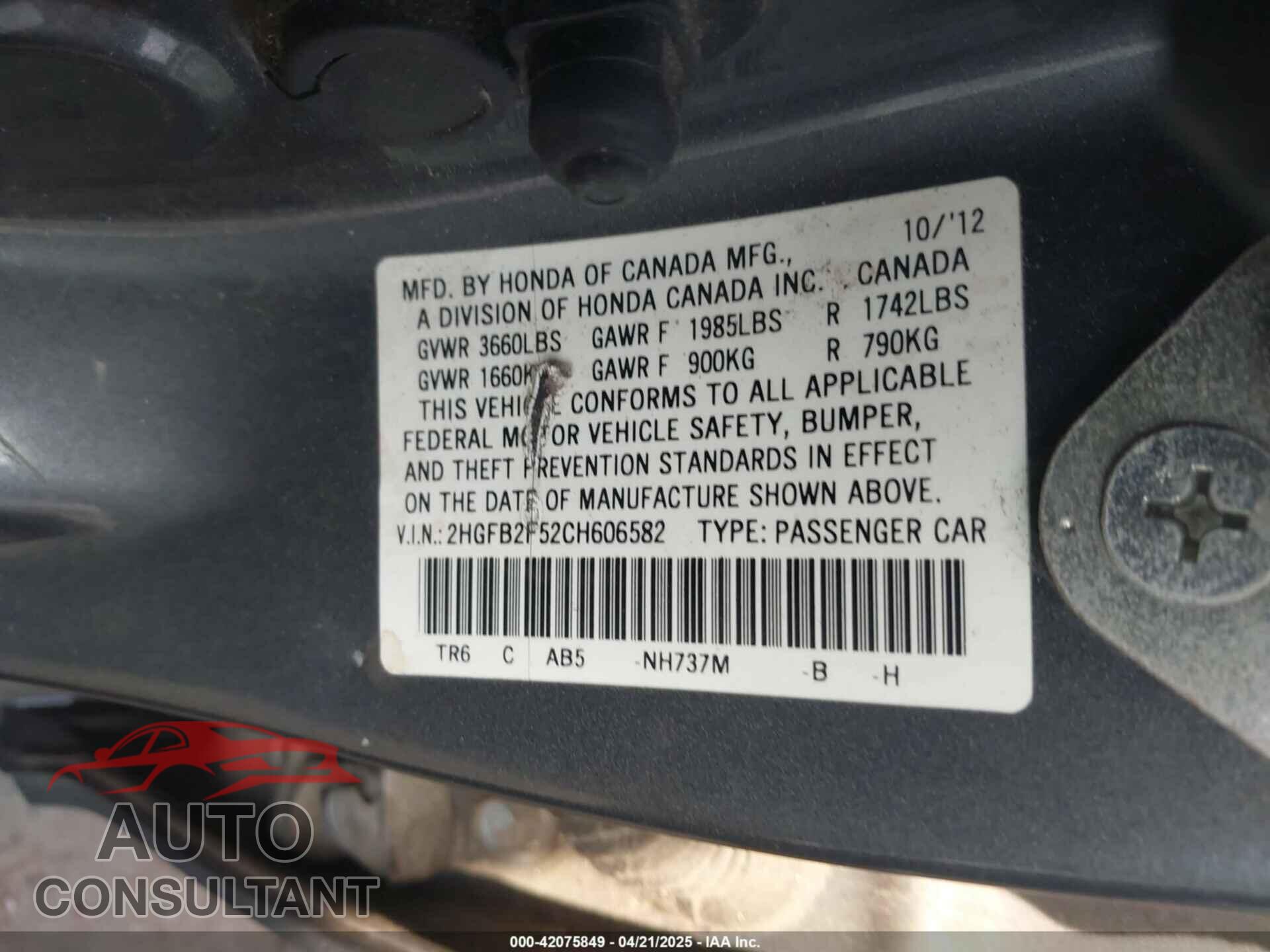 HONDA CIVIC 2012 - 2HGFB2F52CH606582