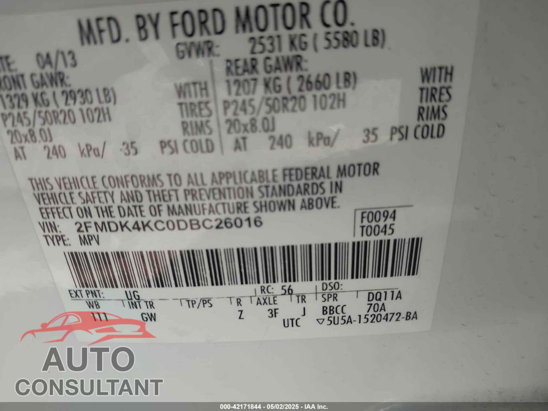 FORD EDGE 2013 - 2FMDK4KC0DBC26016