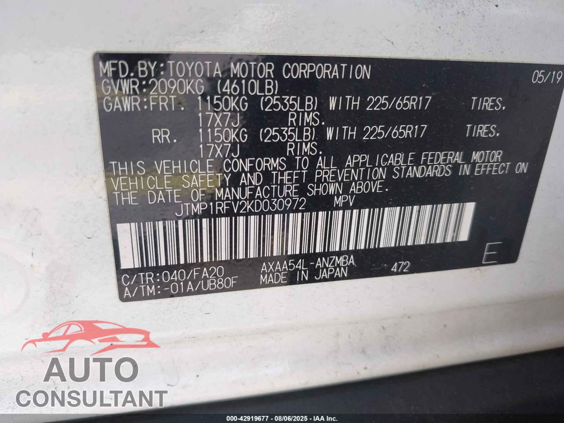 TOYOTA RAV4 2019 - JTMP1RFV2KD030972