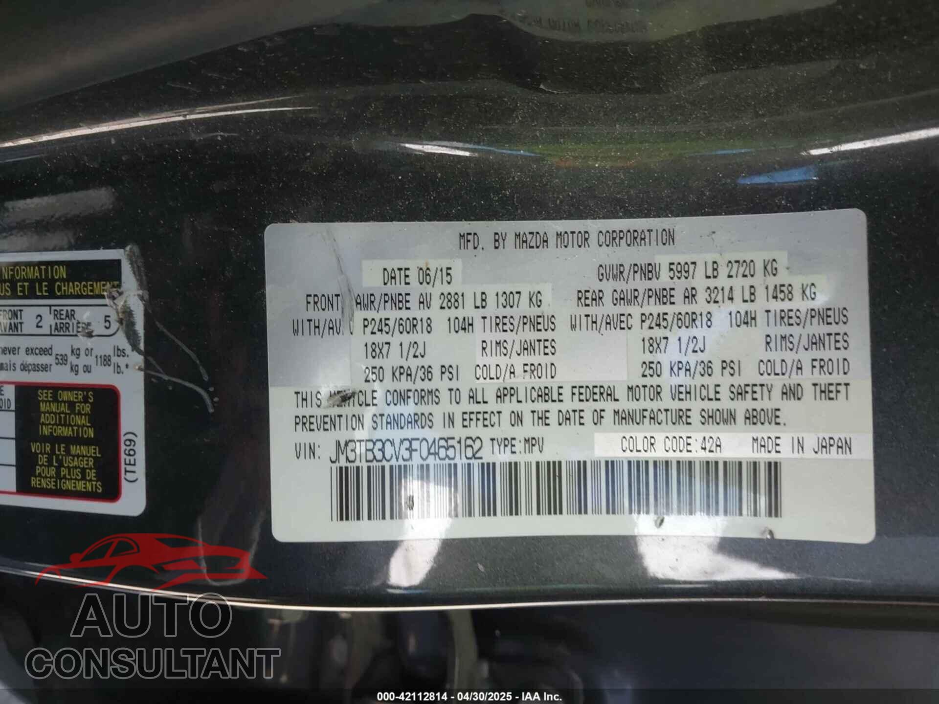 MAZDA CX-9 2015 - JM3TB3CV3F0465162