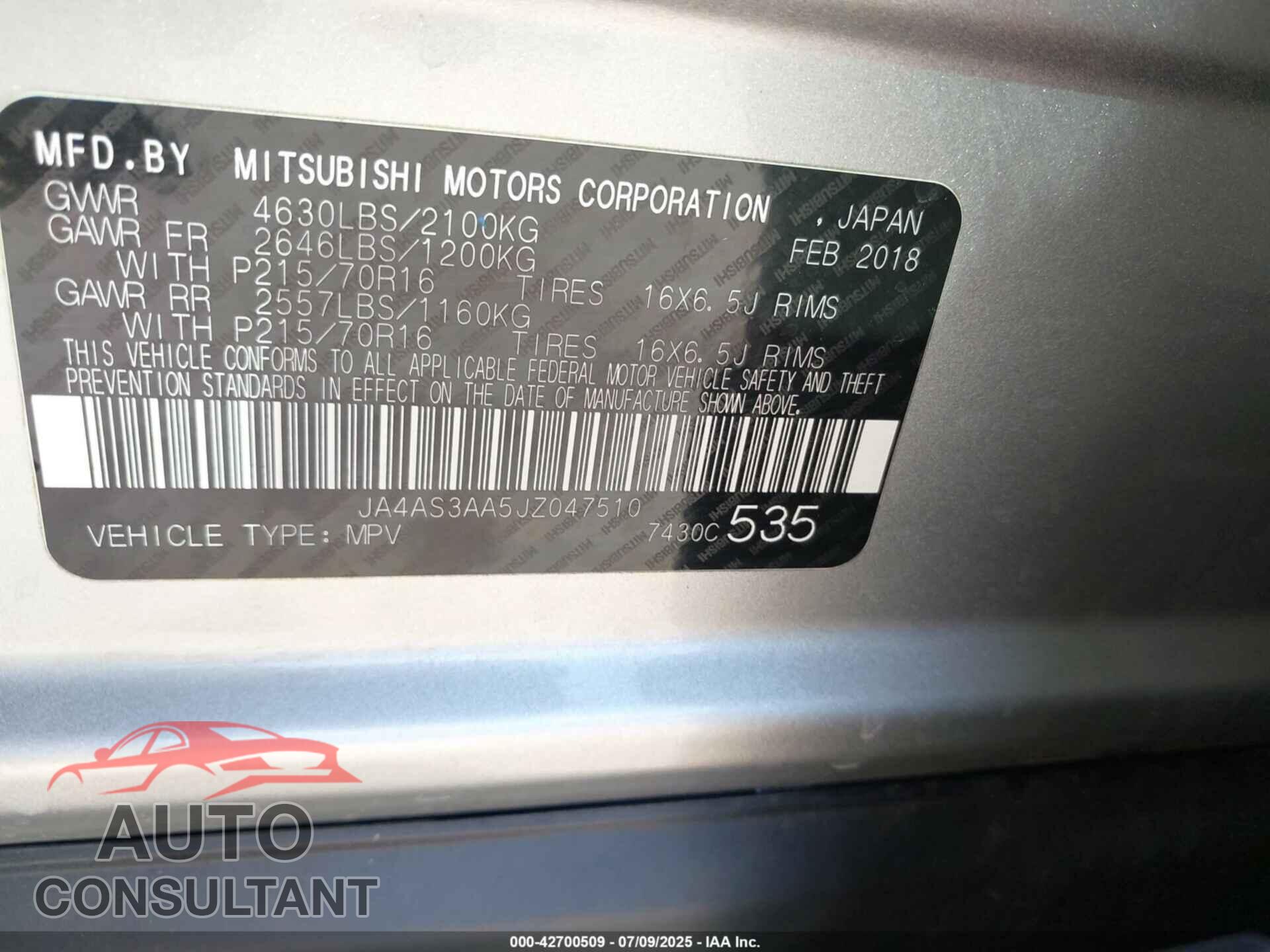 MITSUBISHI ECLIPSE CROSS 2018 - JA4AS3AA5JZ047510