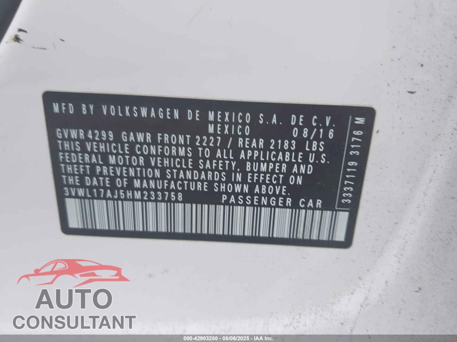 VOLKSWAGEN JETTA 2017 - 3VWL17AJ5HM233758