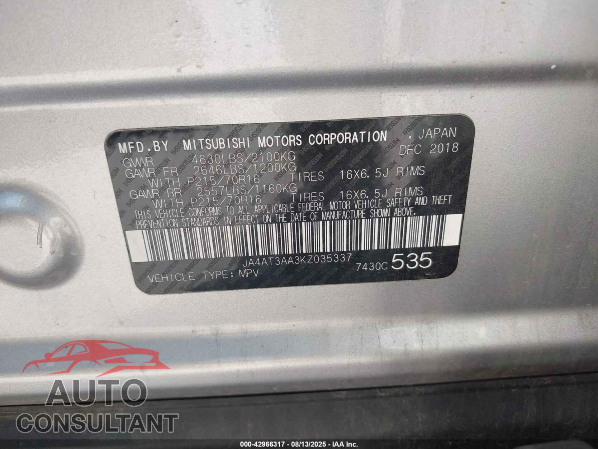 MITSUBISHI ECLIPSE CROSS 2019 - JA4AT3AA3KZ035337