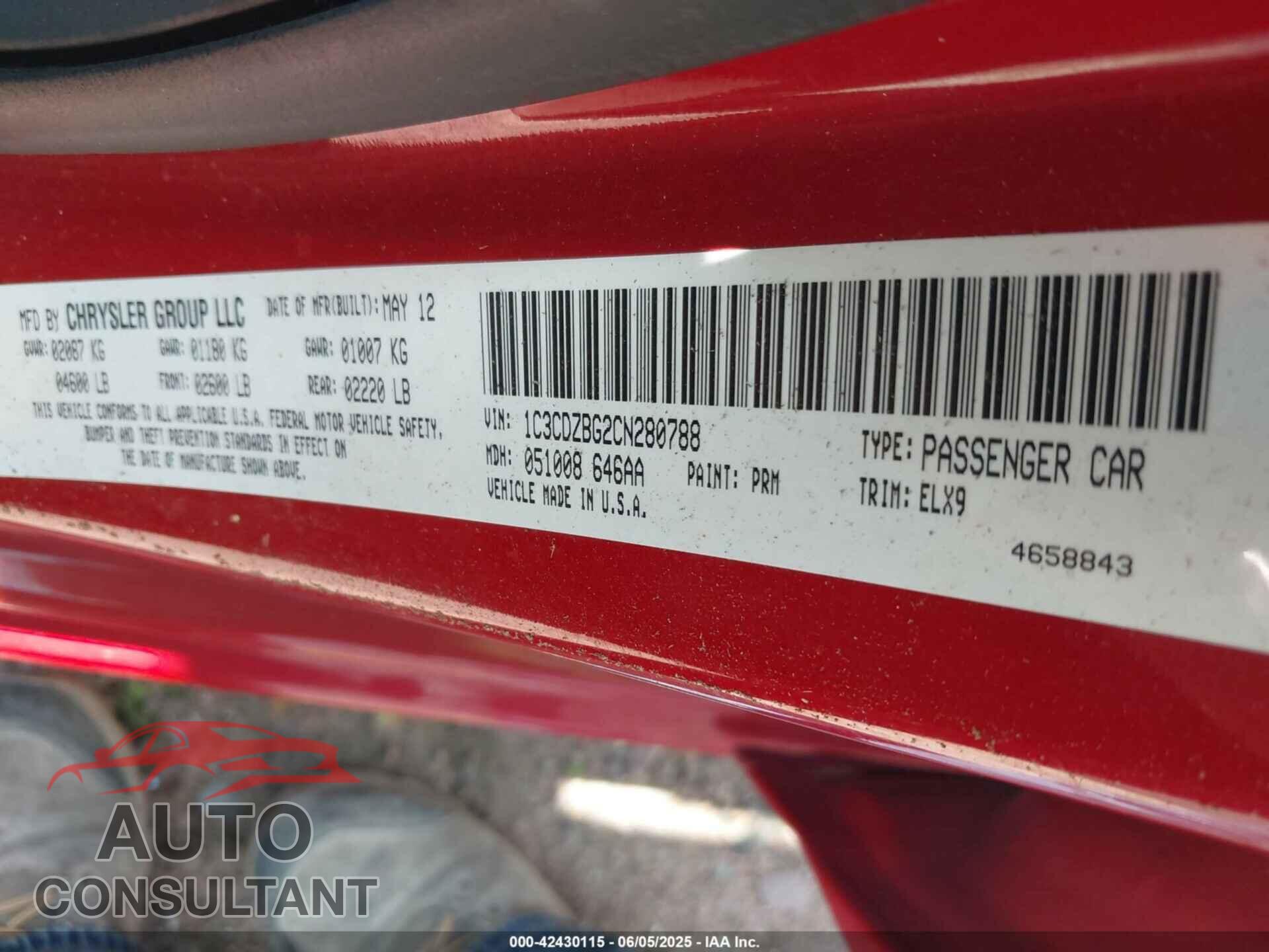 DODGE AVENGER 2012 - 1C3CDZBG2CN280788