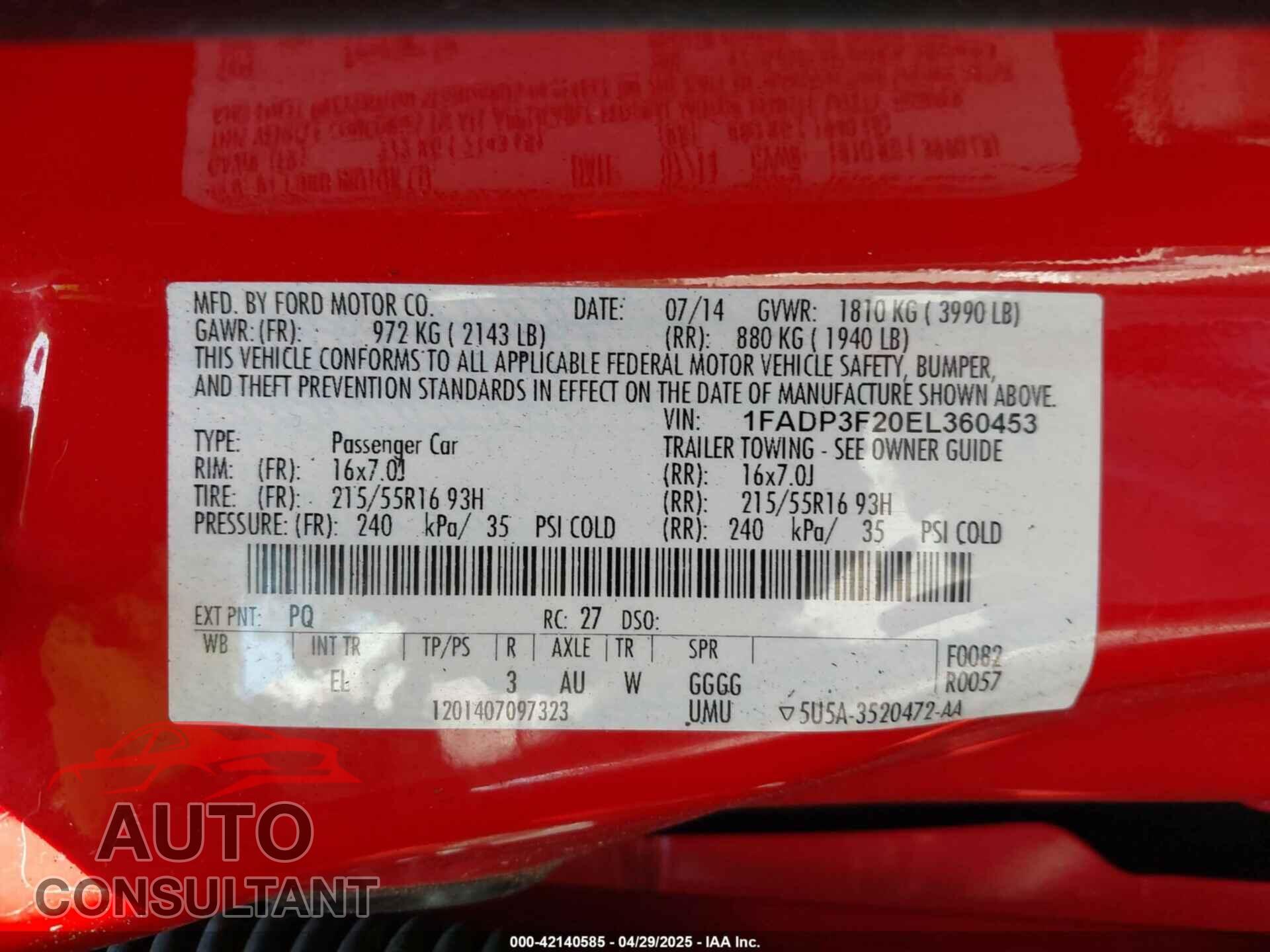 FORD FOCUS 2014 - 1FADP3F20EL360453