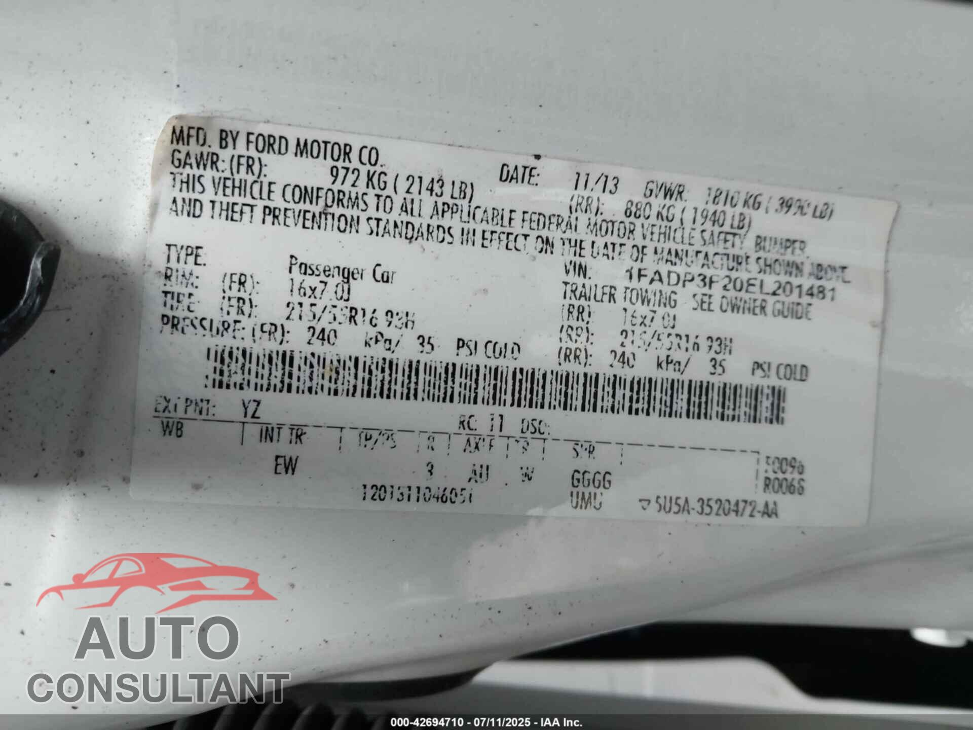 FORD FOCUS 2014 - 1FADP3F20EL201481
