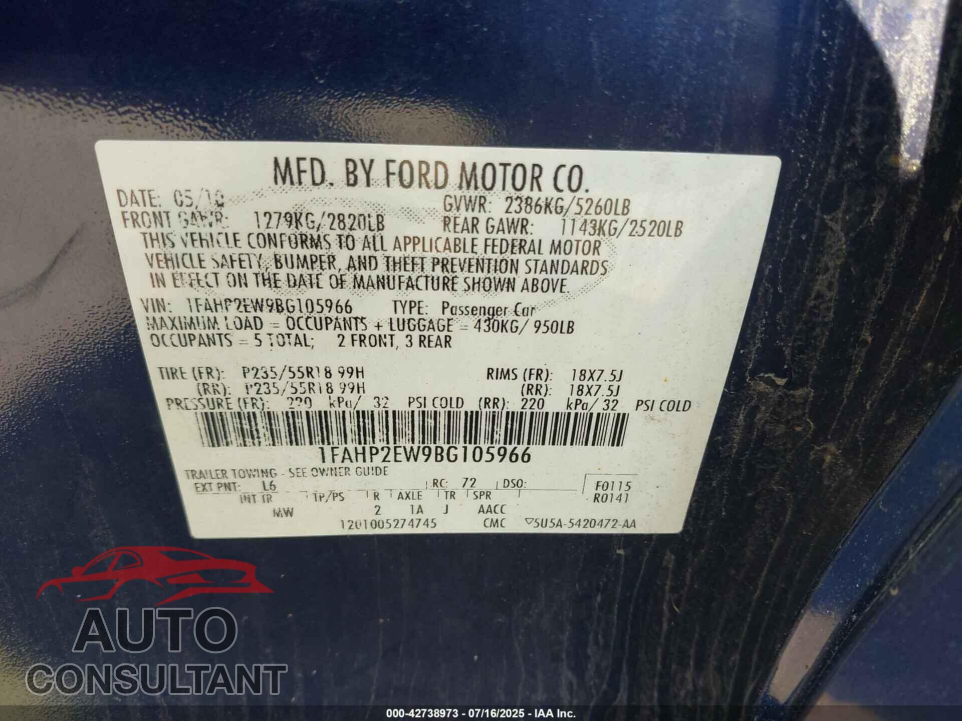 FORD TAURUS 2011 - 1FAHP2EW9BG105966