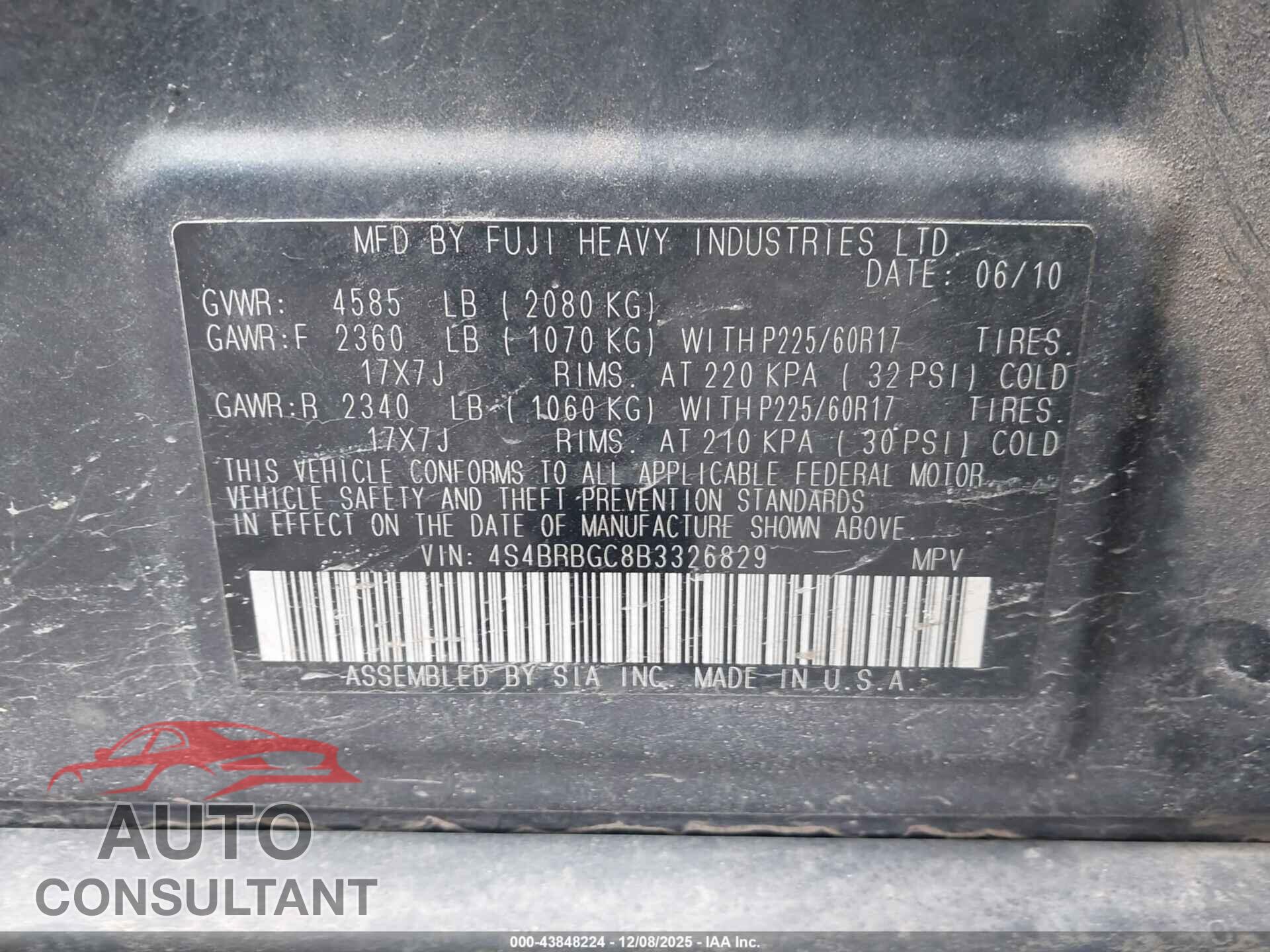 SUBARU OUTBACK 2011 - 4S4BRBGC8B3326829