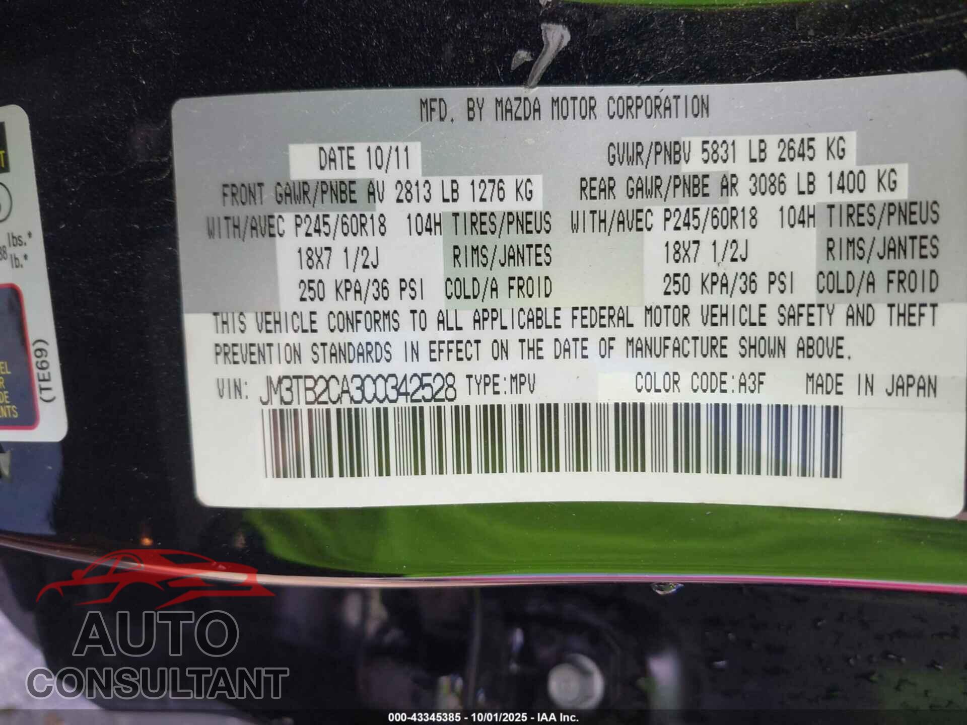 MAZDA CX-9 2012 - JM3TB2CA3C0342528
