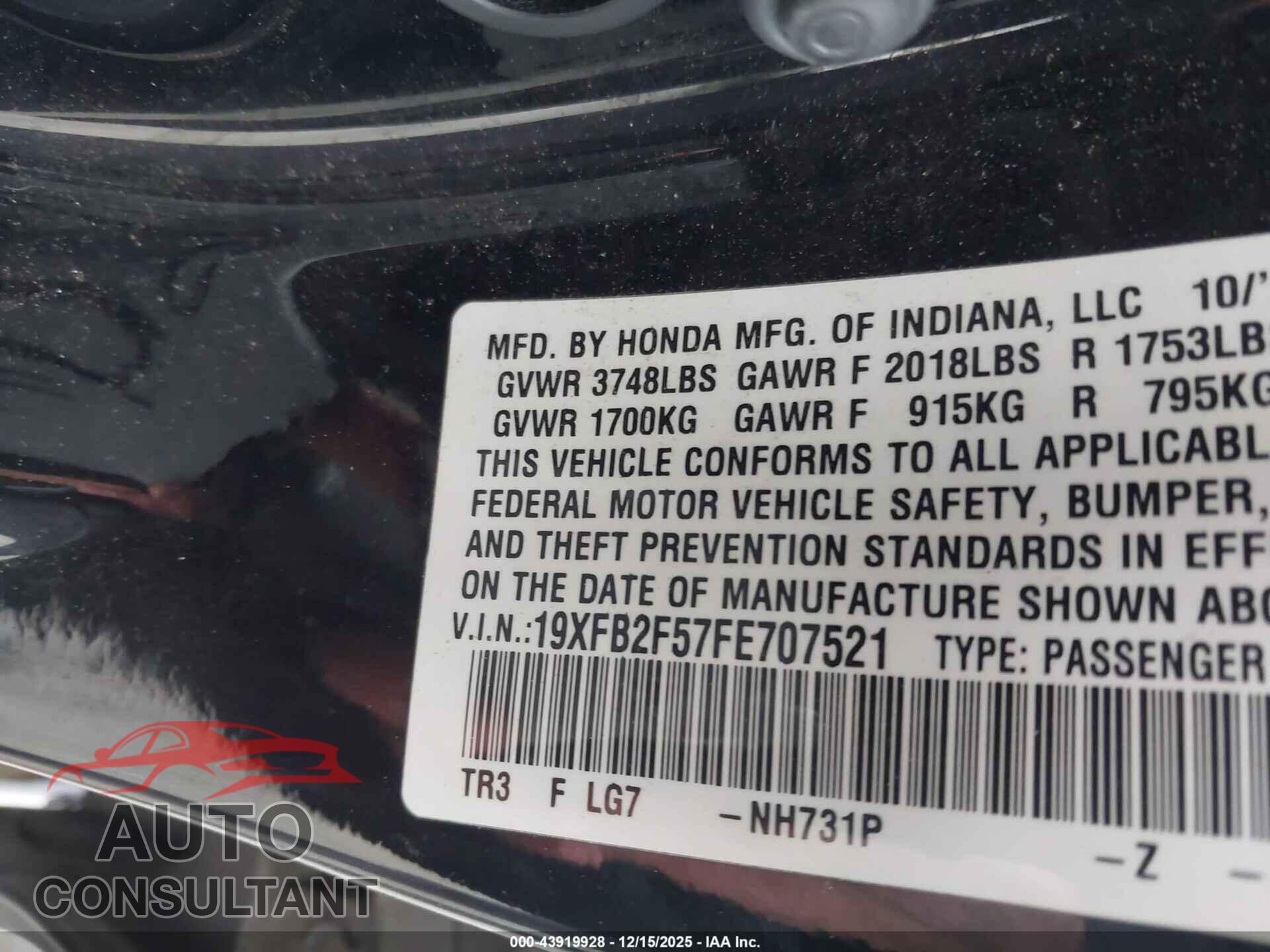 HONDA CIVIC 2015 - 19XFB2F57FE707521
