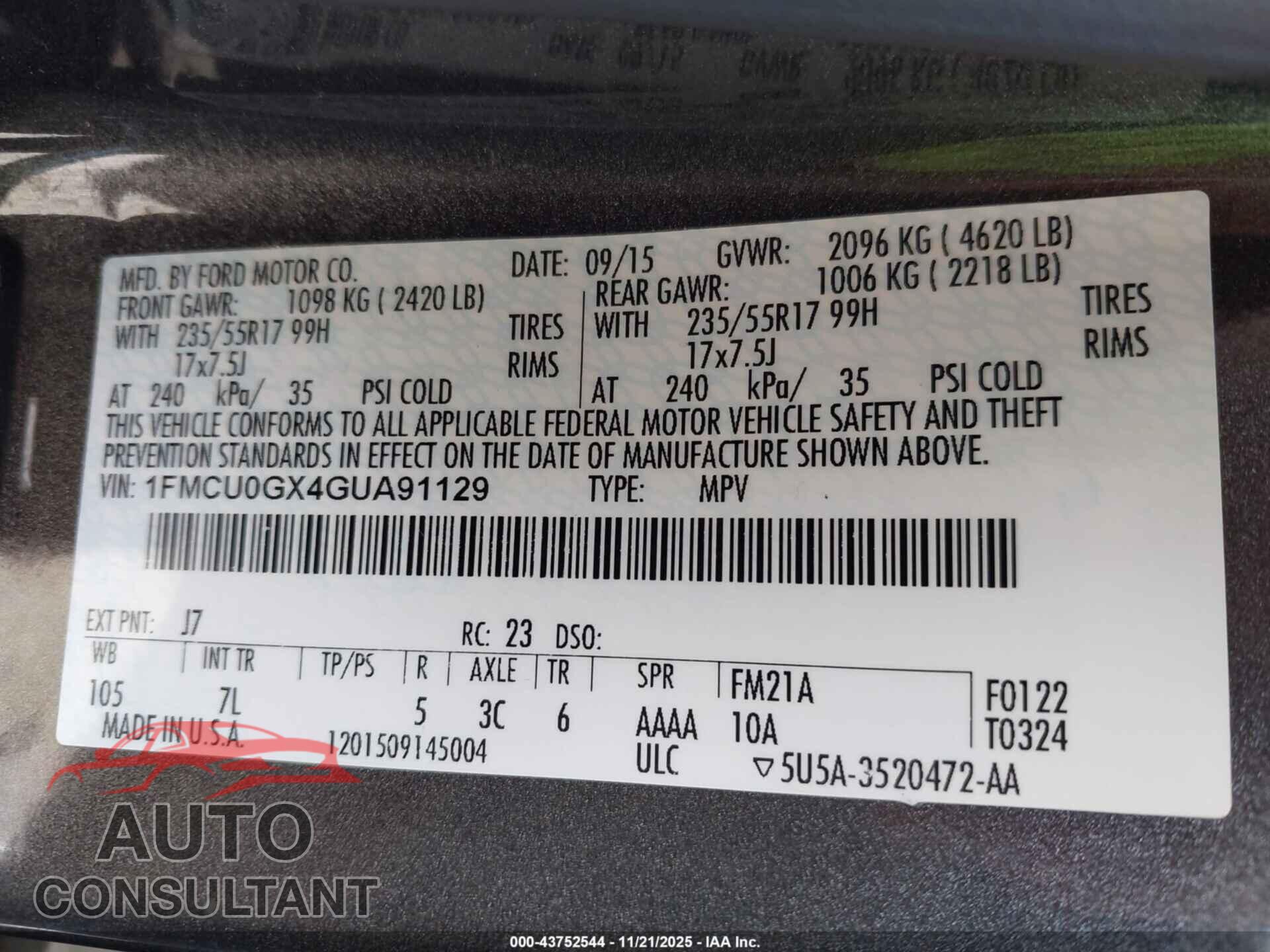 FORD ESCAPE 2016 - 1FMCU0GX4GUA91129