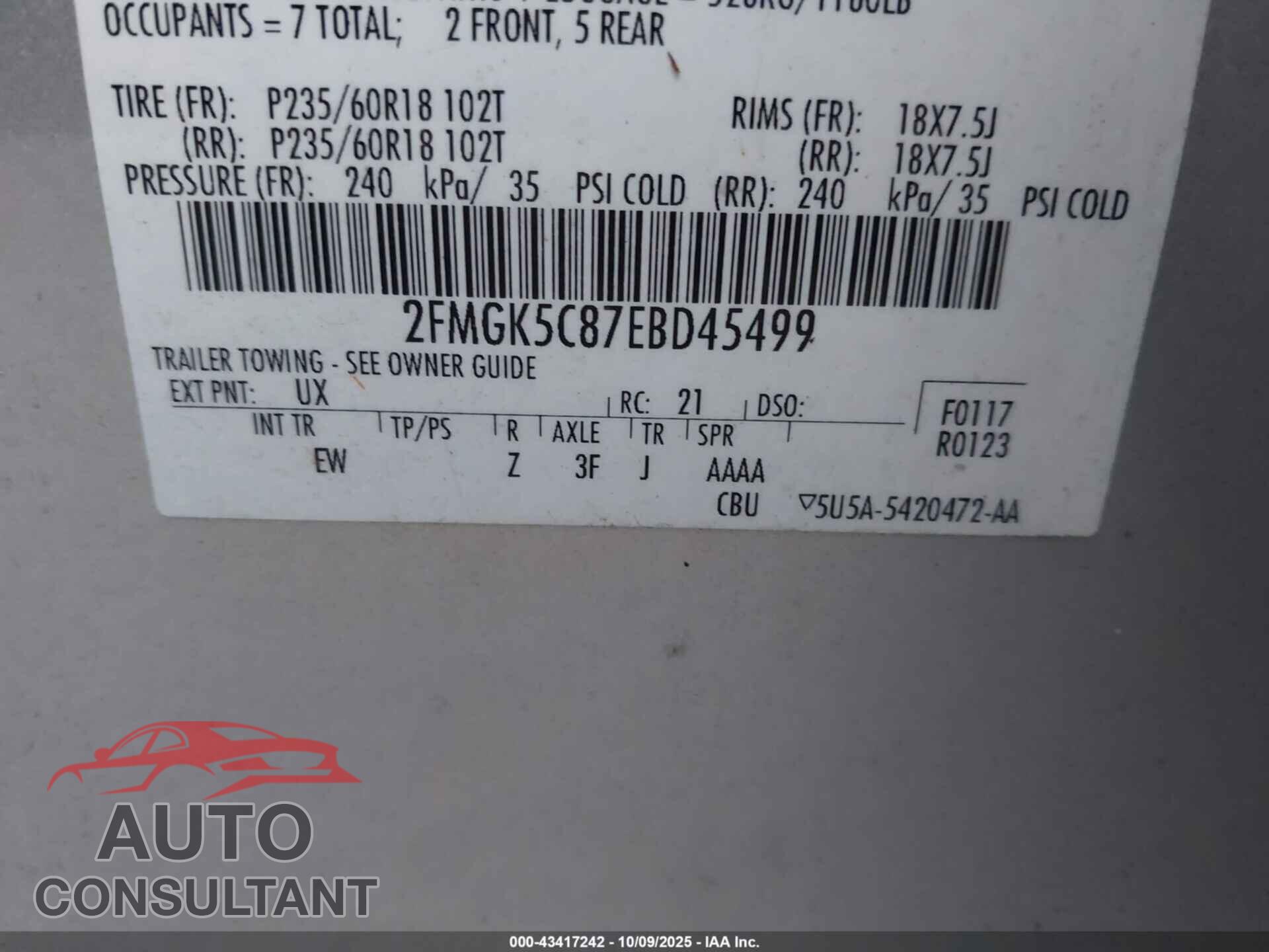 FORD FLEX 2014 - 2FMGK5C87EBD45499