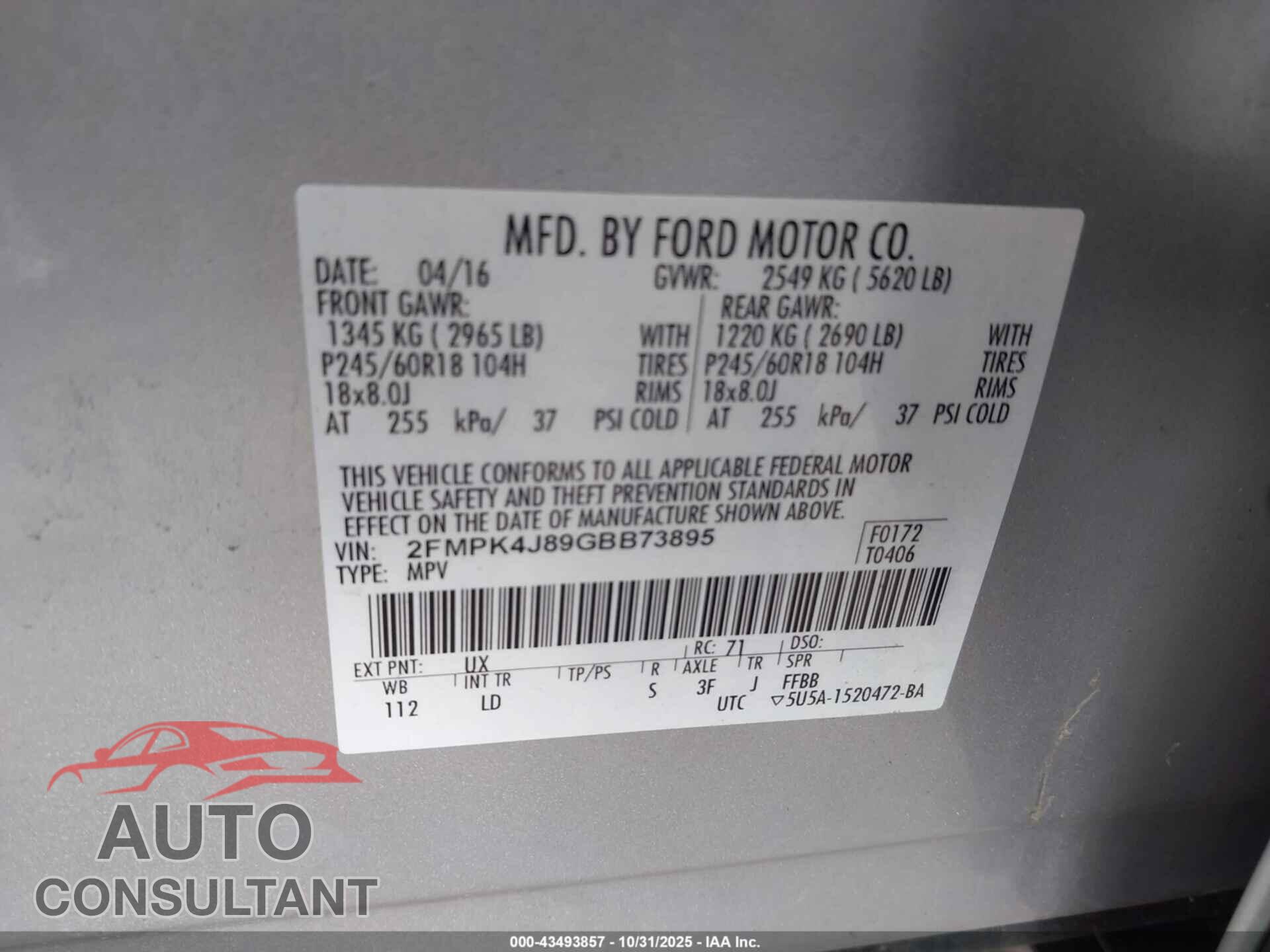 FORD EDGE 2016 - 2FMPK4J89GBB73895