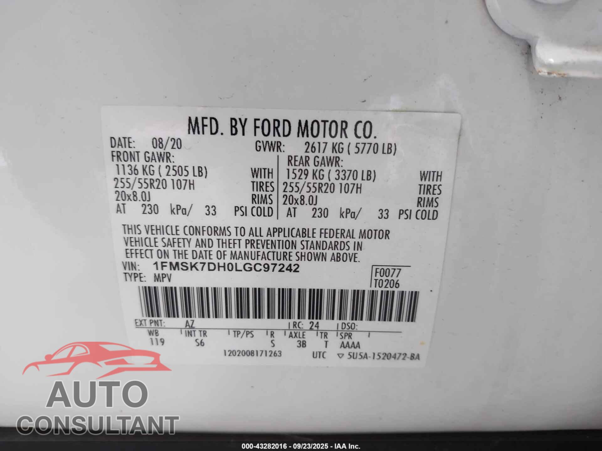 FORD EXPLORER 2020 - 1FMSK7DH0LGC97242