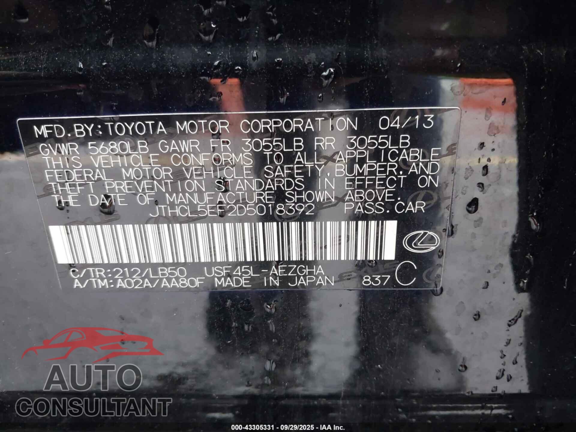 LEXUS LS 460 2013 - JTHCL5EF2D5018392