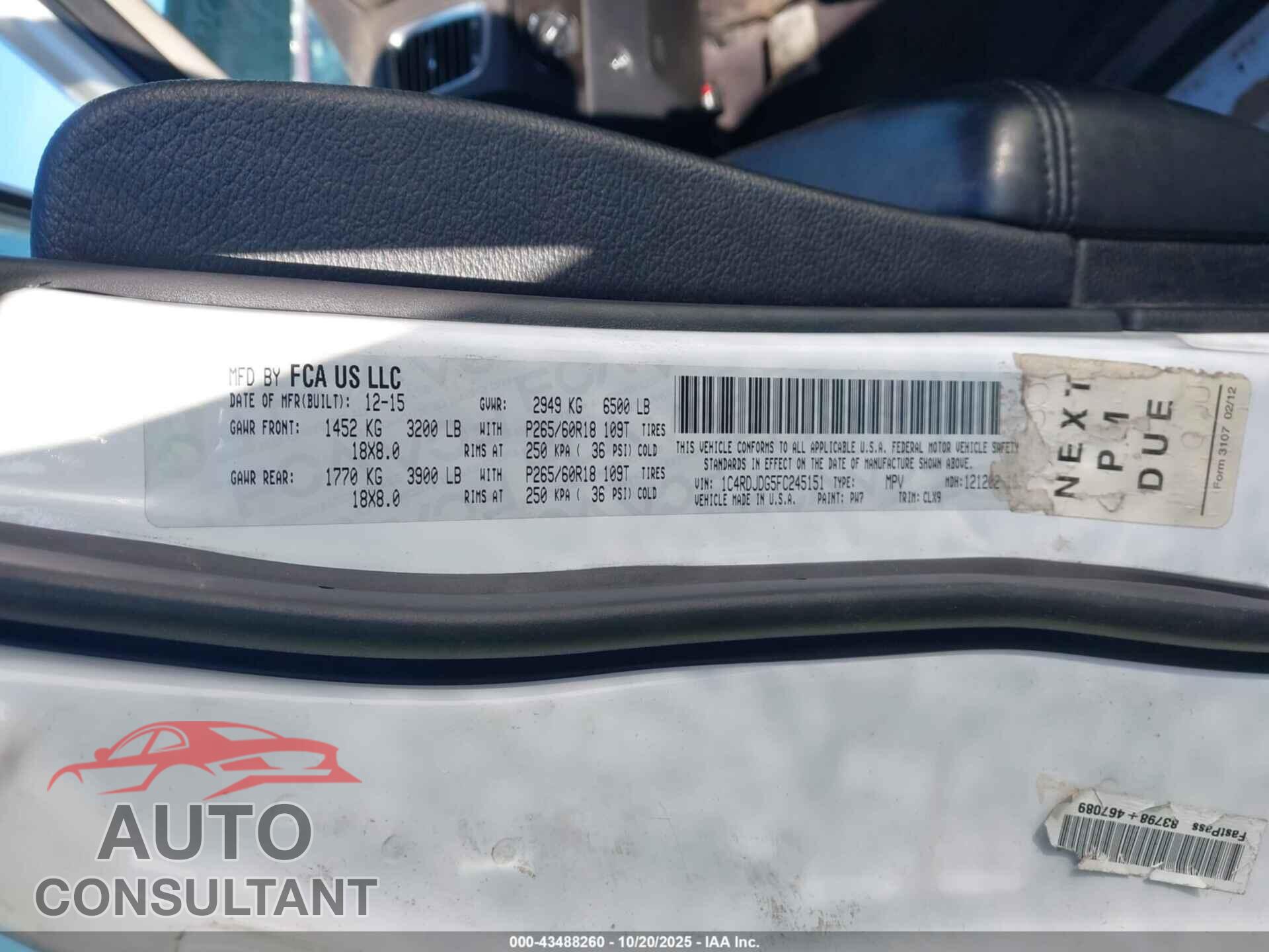 DODGE DURANGO 2015 - 1C4RDJDG5FC245151