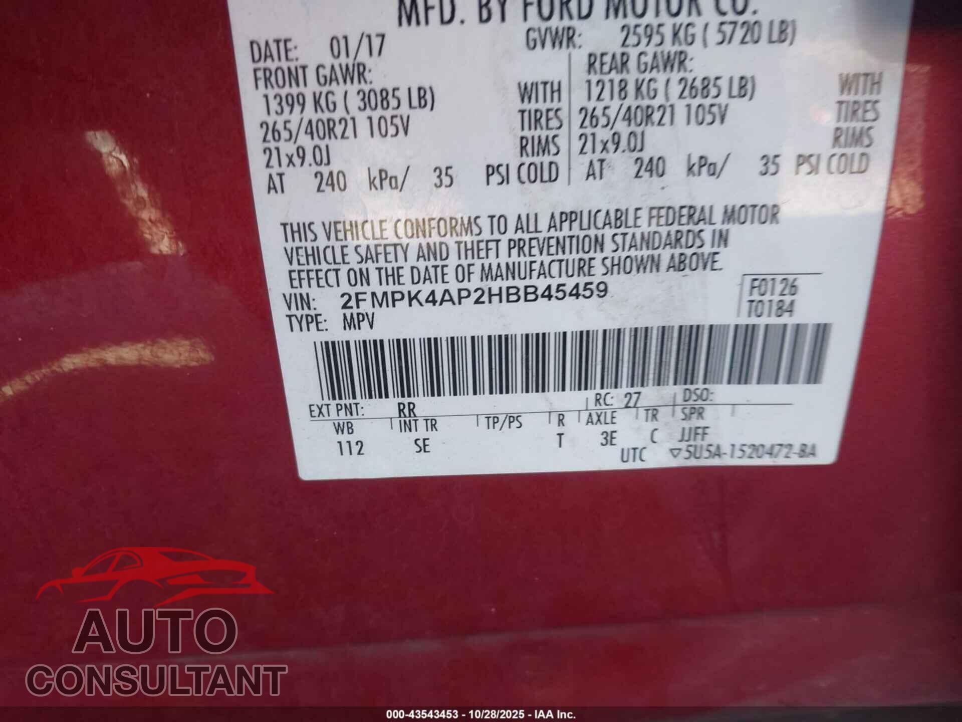 FORD EDGE 2017 - 2FMPK4AP2HBB45459