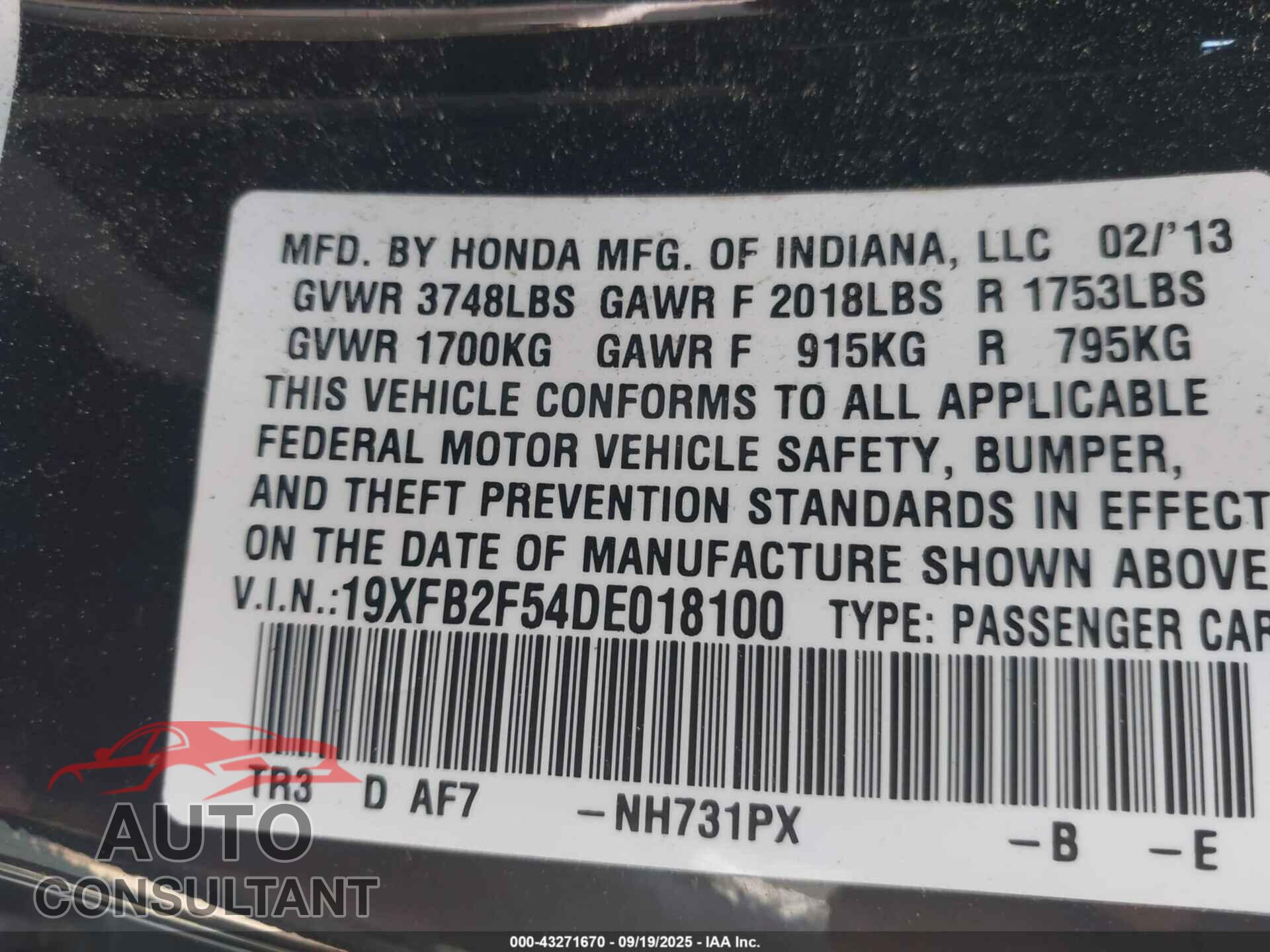 HONDA CIVIC 2013 - 19XFB2F54DE018100