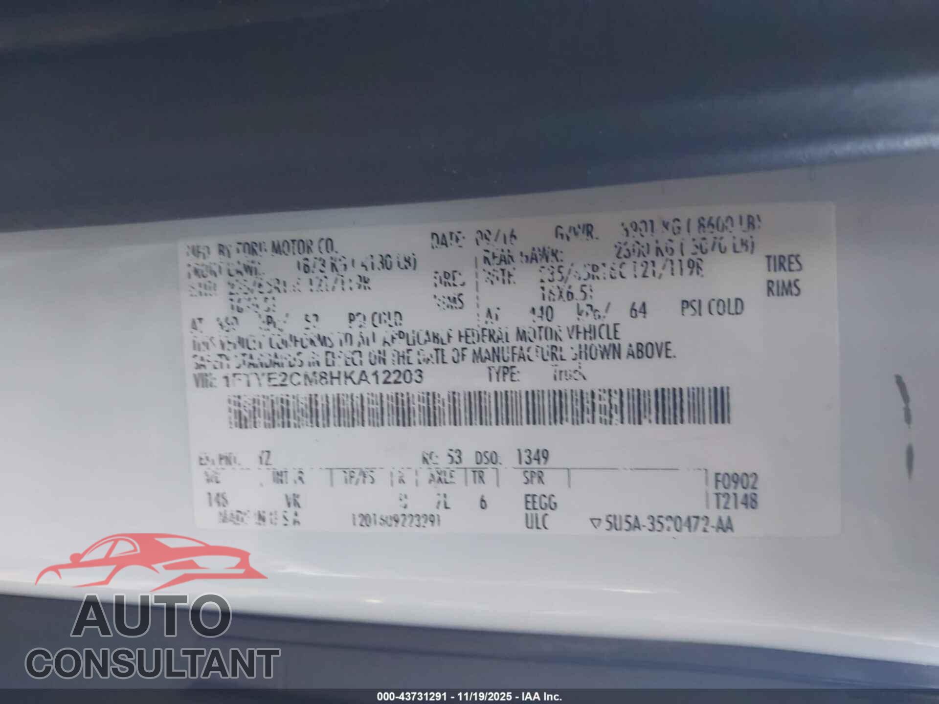FORD TRANSIT-150 2017 - 1FTYE2CM8HKA12203