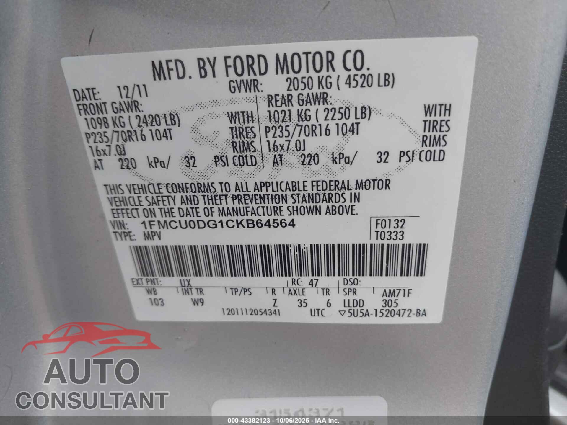 FORD ESCAPE 2012 - 1FMCU0DG1CKB64564