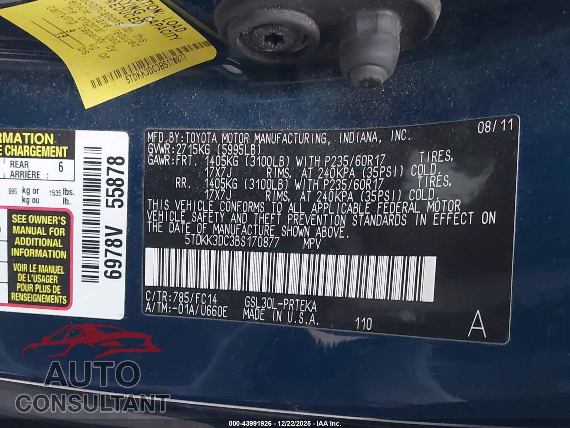 TOYOTA SIENNA 2011 - 5TDKK3DC3BS170877