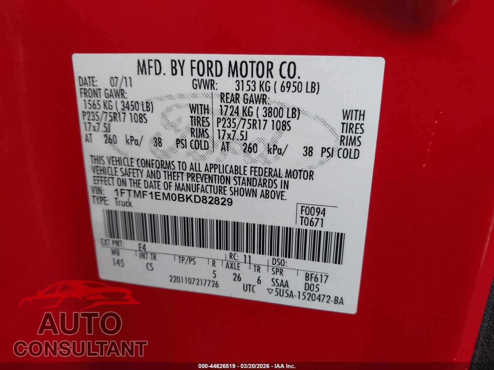 FORD F-150 2011 - 1FTMF1EM0BKD82829