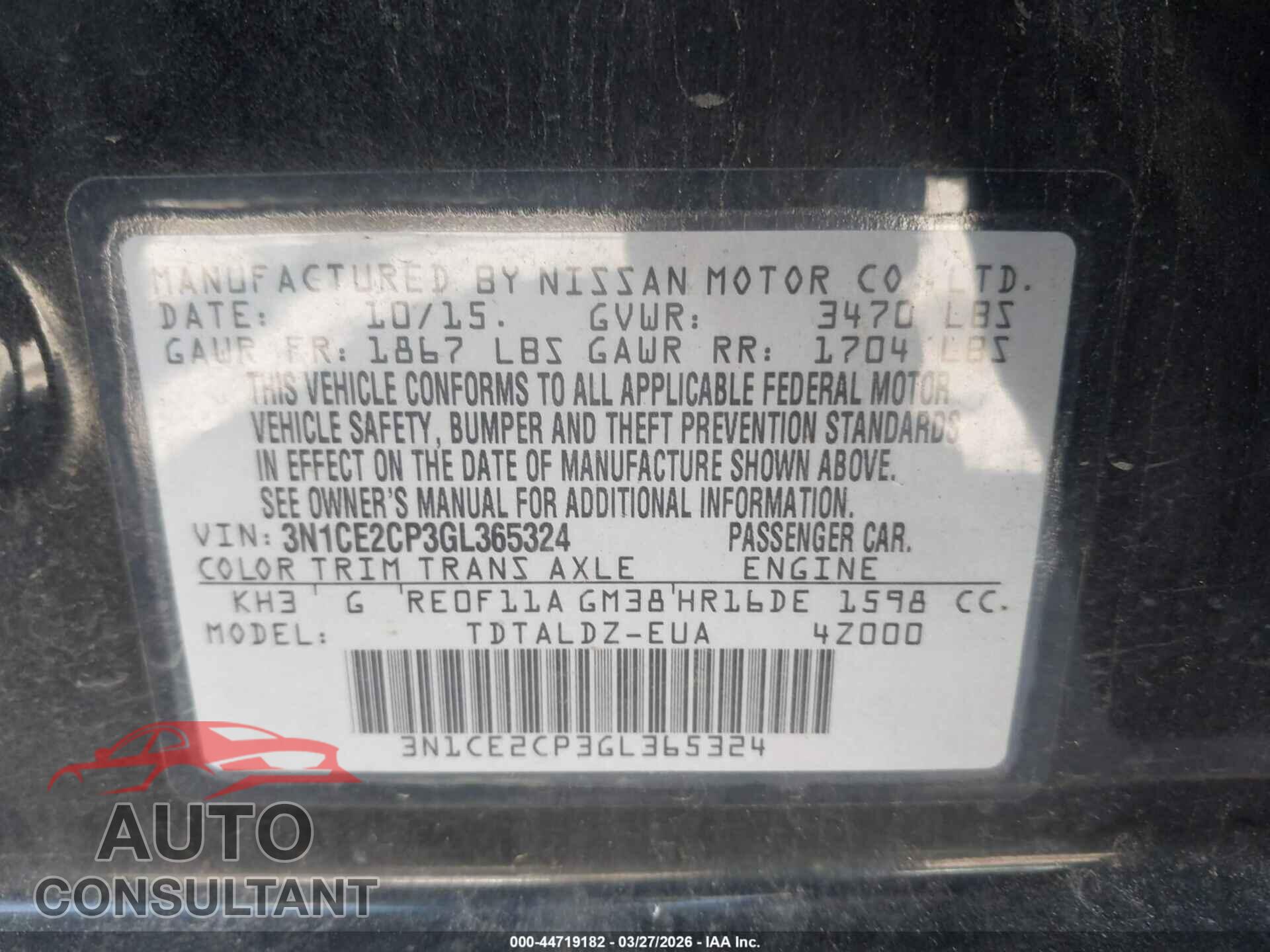 NISSAN VERSA NOTE 2016 - 3N1CE2CP3GL365324